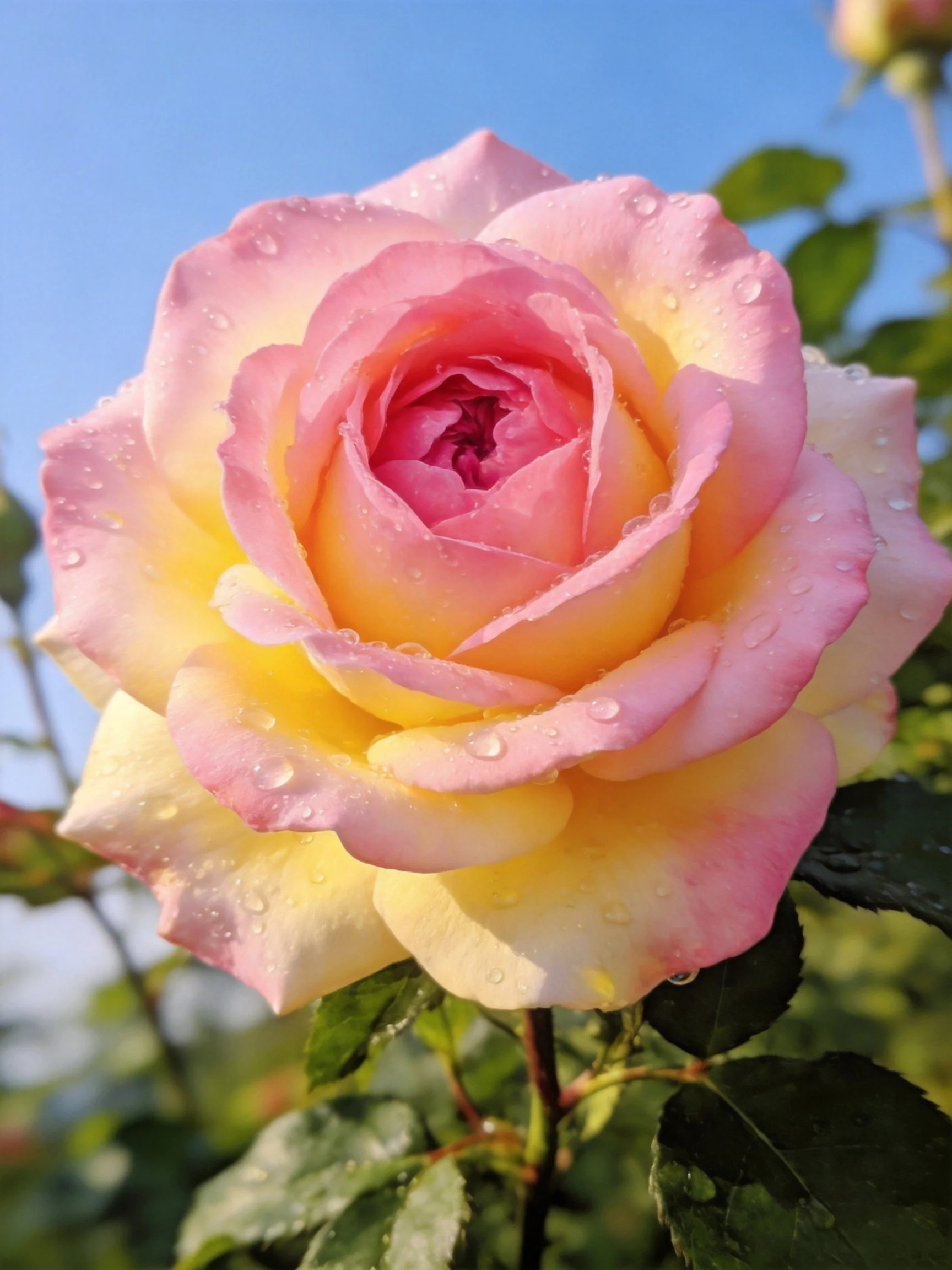 A pink and yellow rose with water droplets