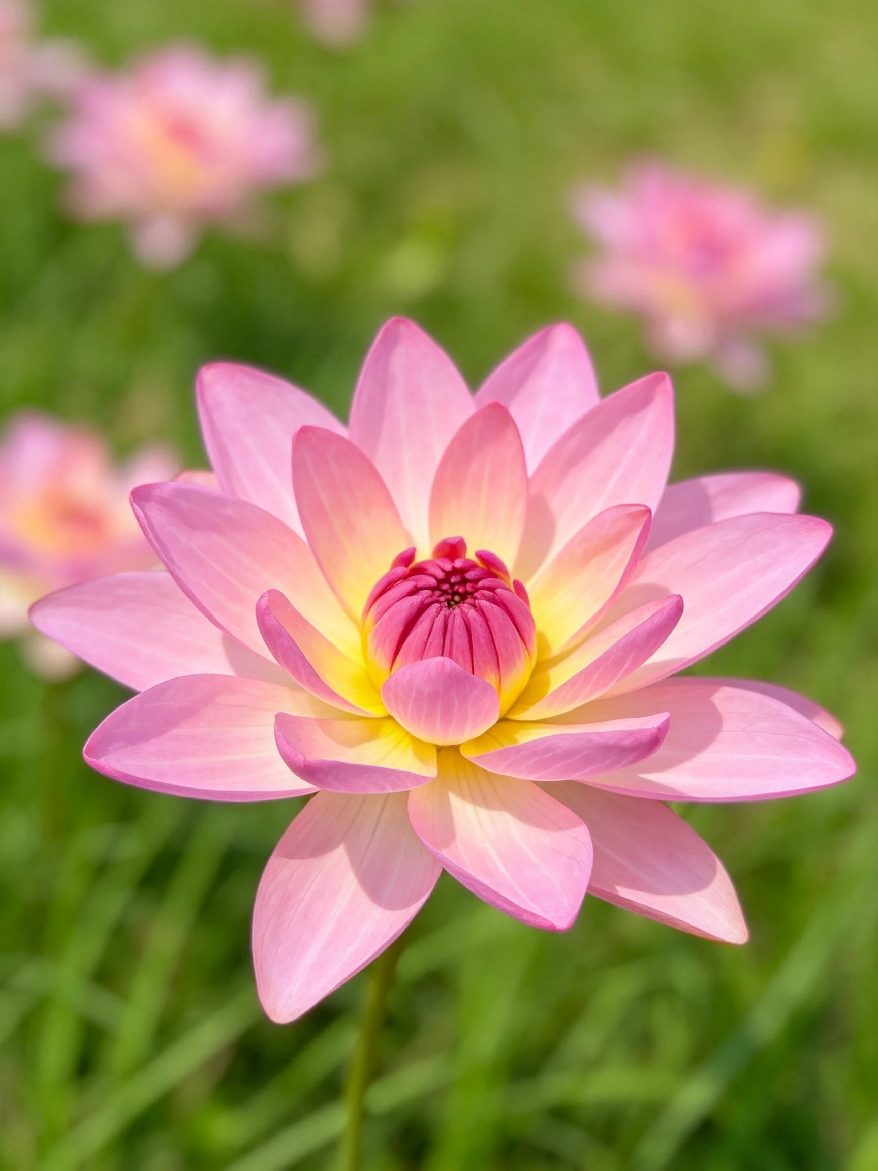 A pink and yellow water lily blooms amid green foliage