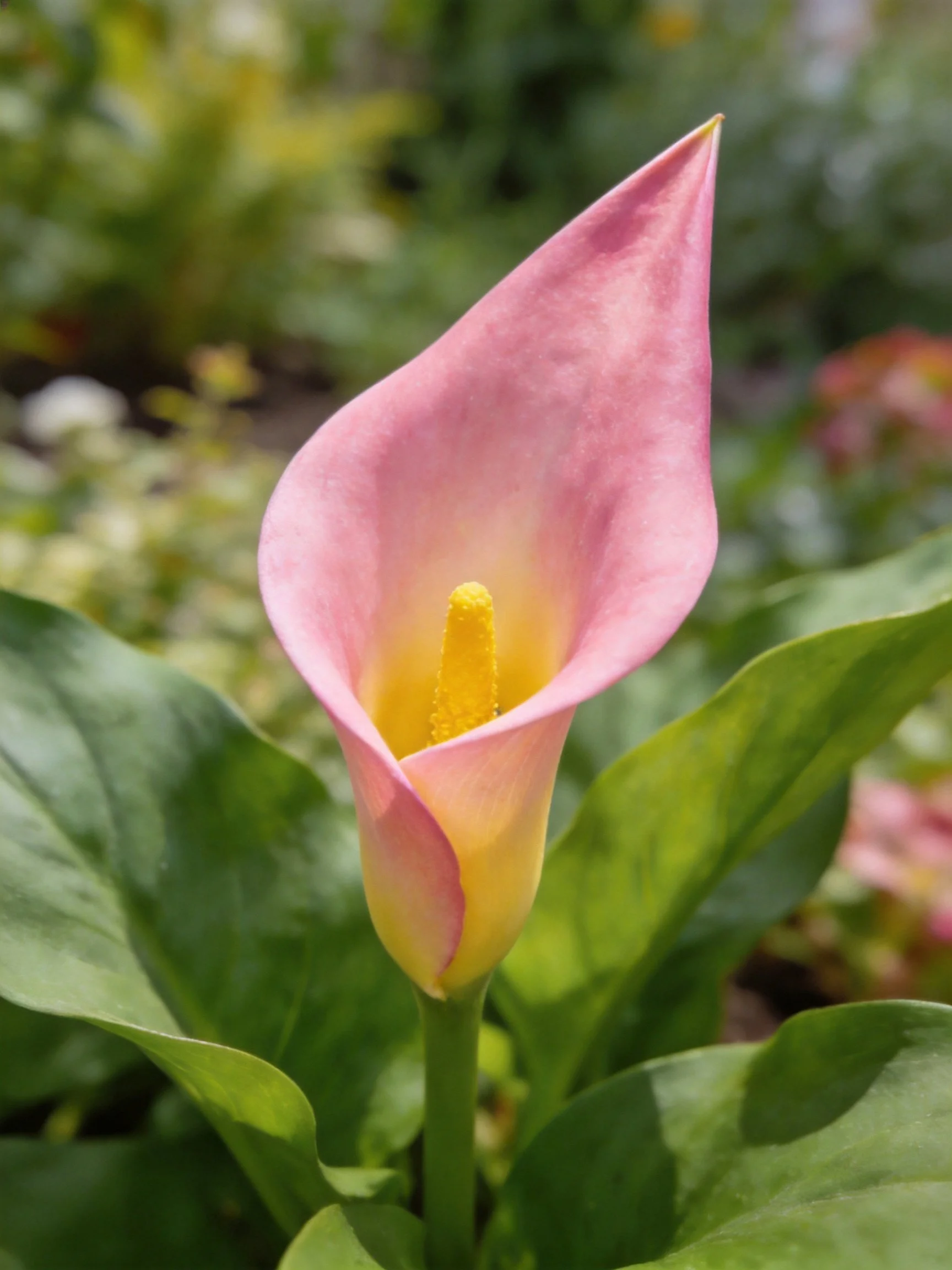 A pink calla lily with yellow spadix amidst lush green leaves
