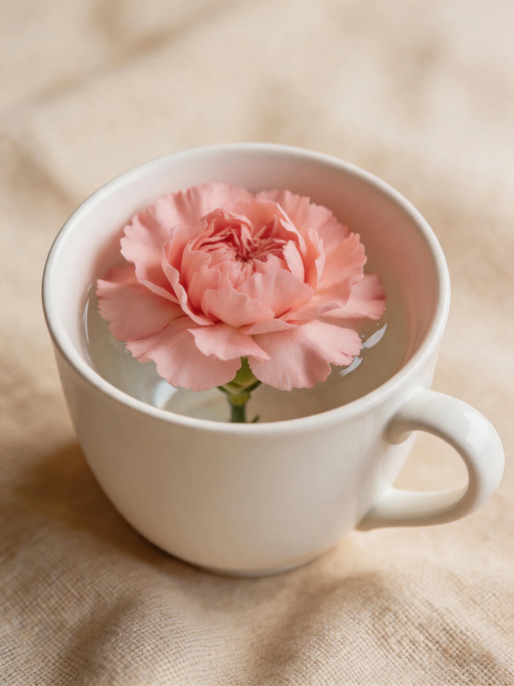 A pink carnation floats in a white cup on beige fabric