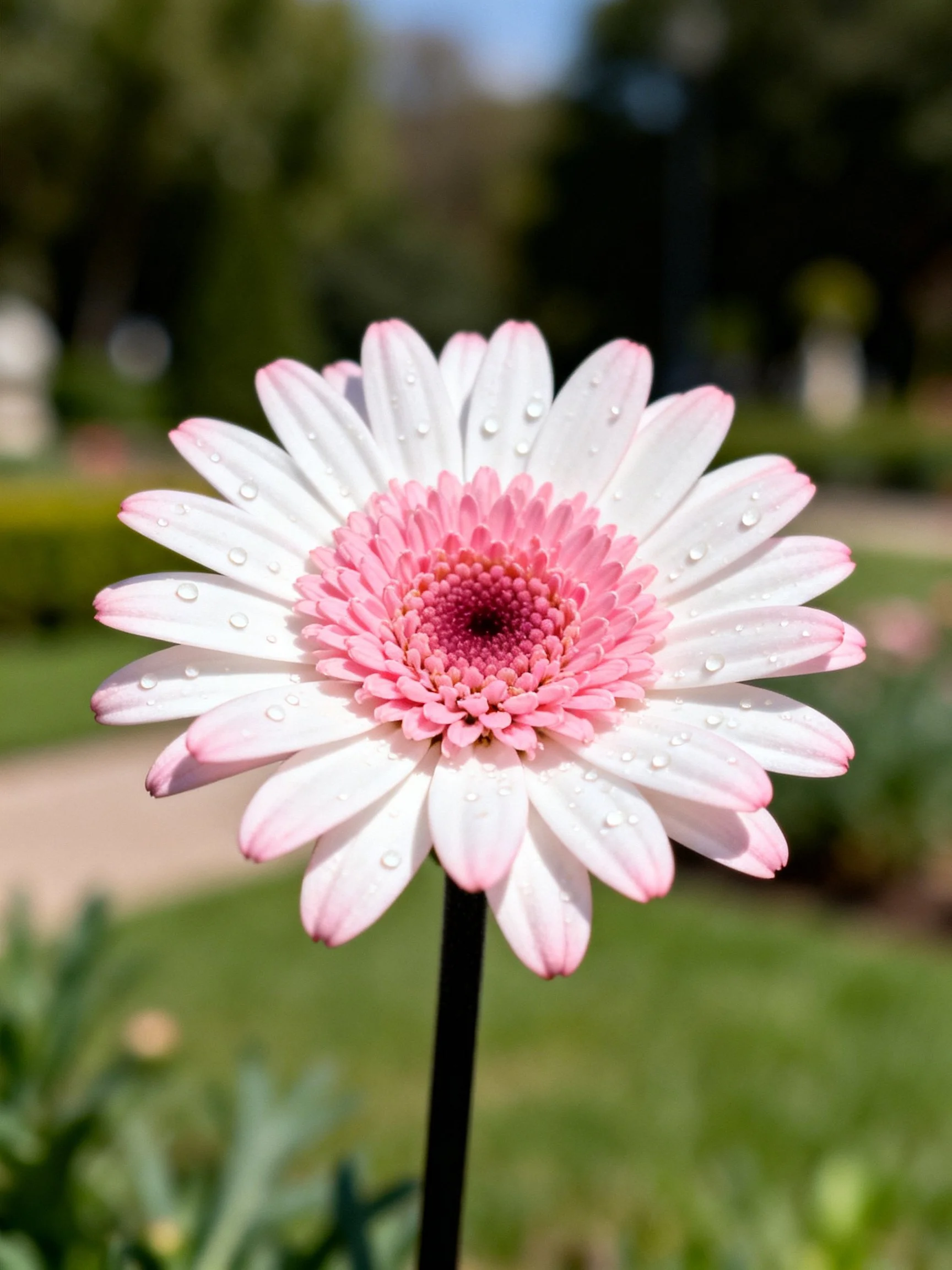A pink-centered white daisy with water droplets in an outdoor garden