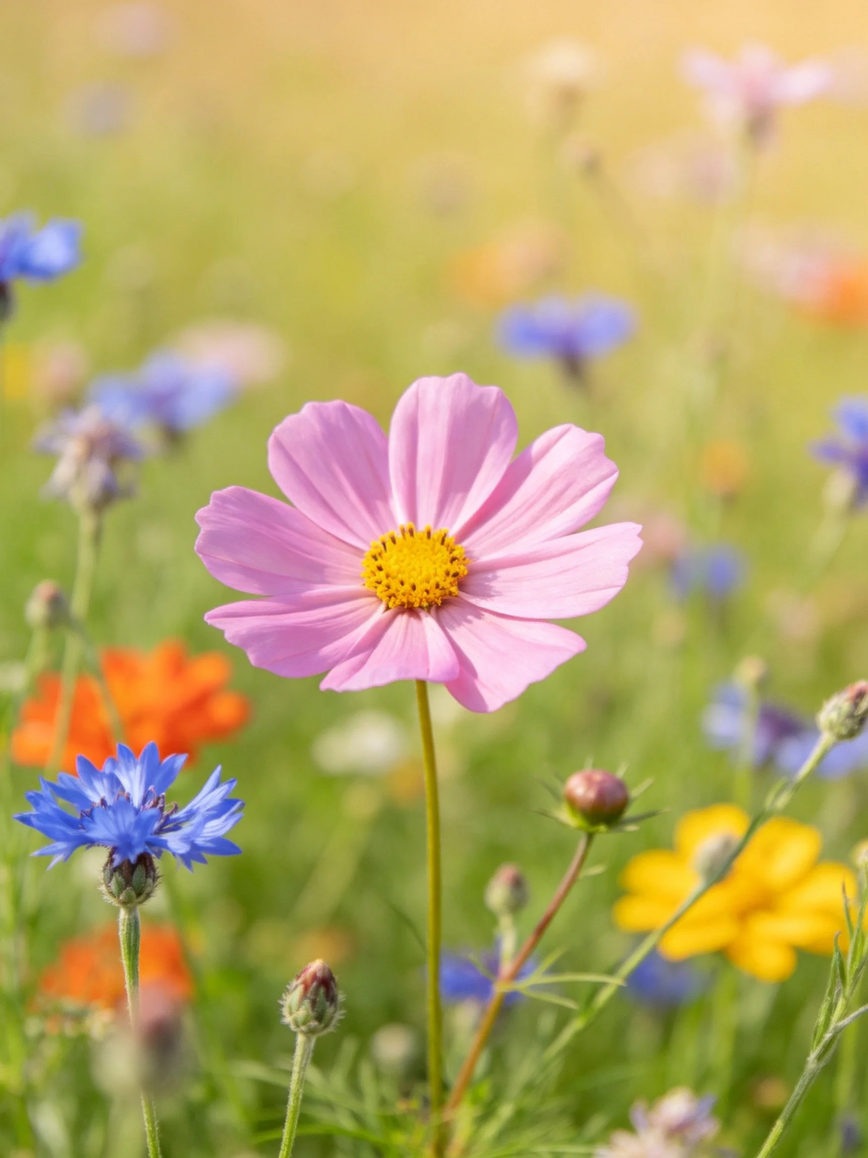 A pink cosmos flower surrounded by blue, orange, and yellow wildflowers in a sunlit meadow.