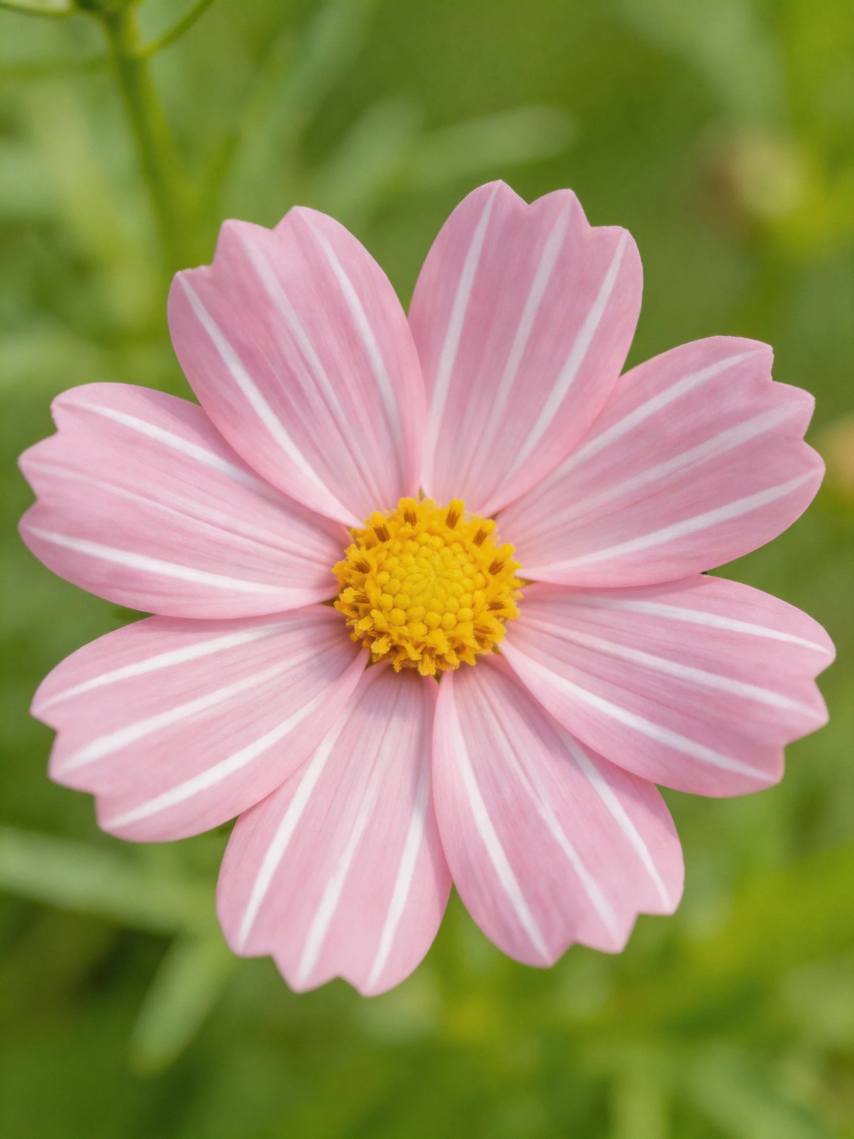 A pink cosmos flower with white stripes and yellow center