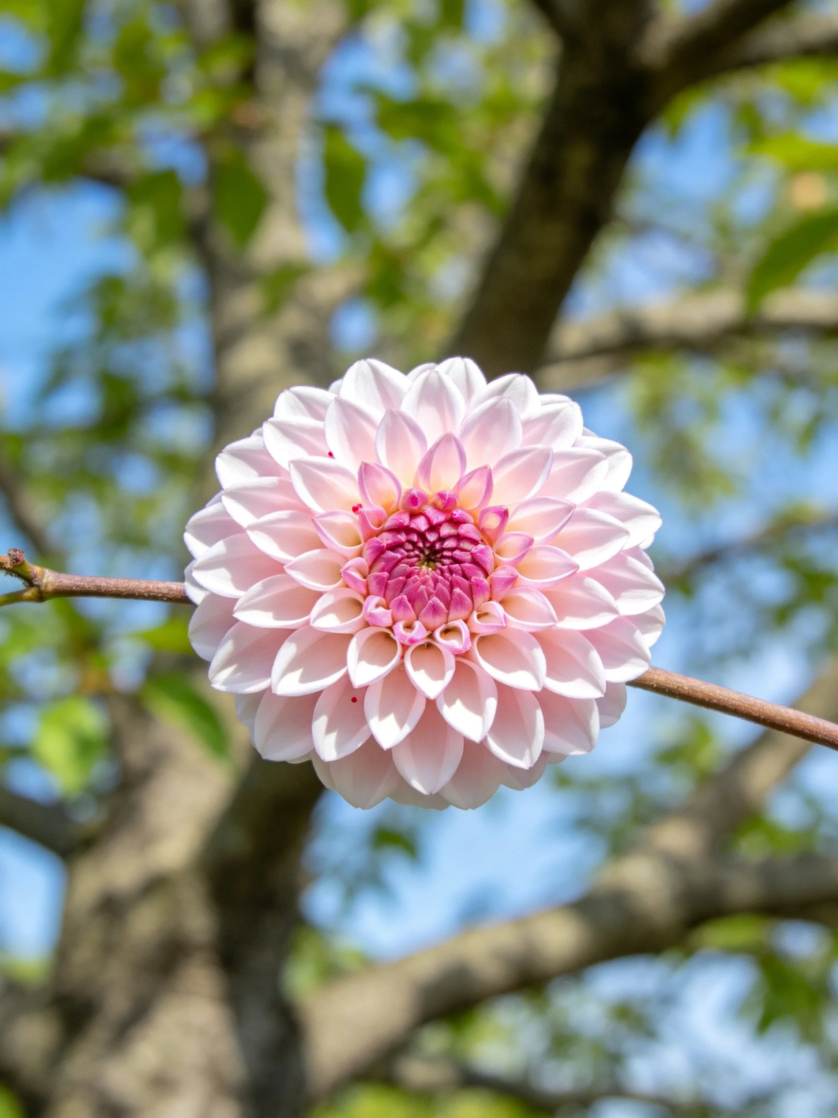 A pink dahlia flower on a branch amid leafy trees