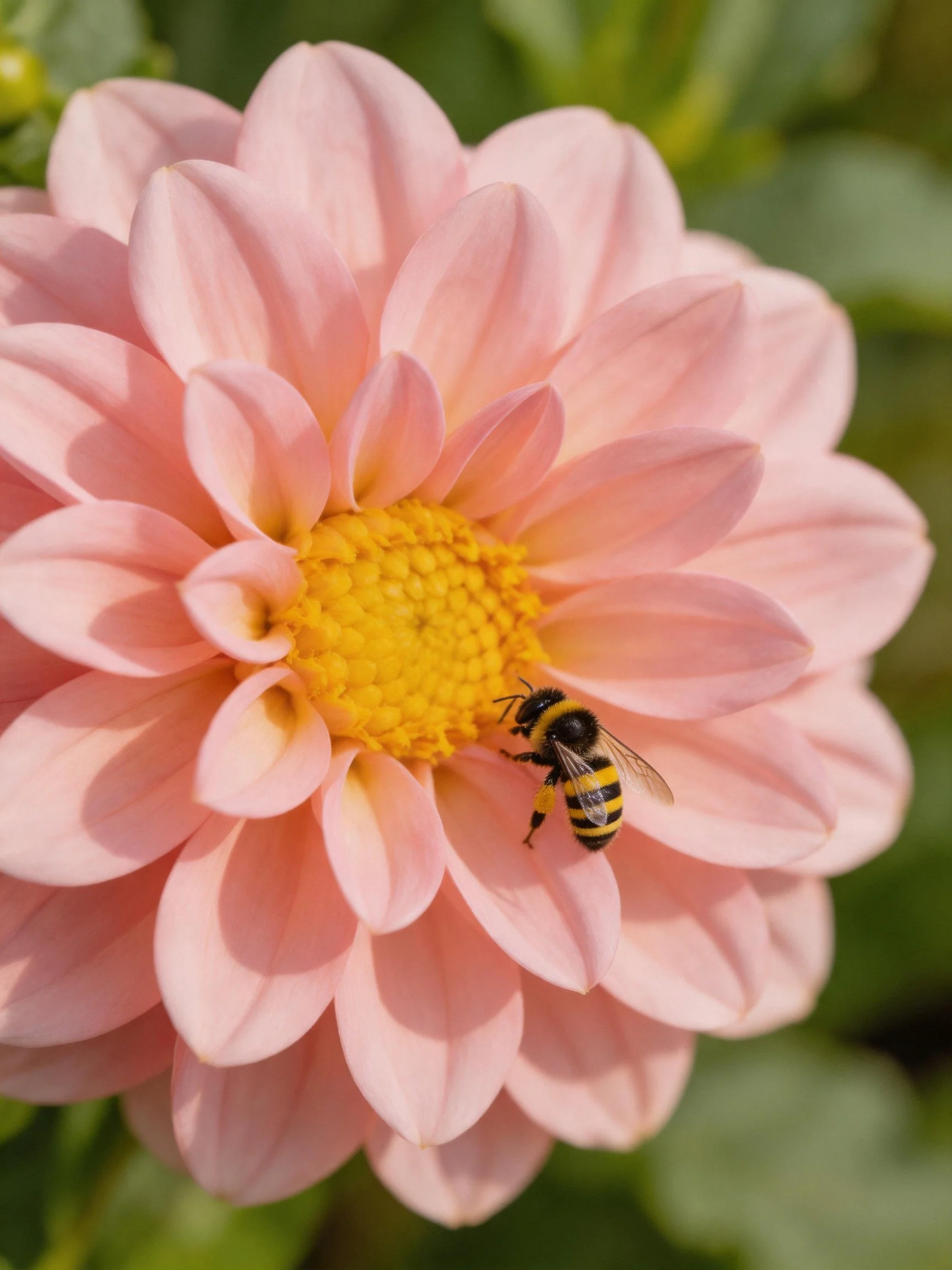 A pink dahlia with a yellow center and a bee