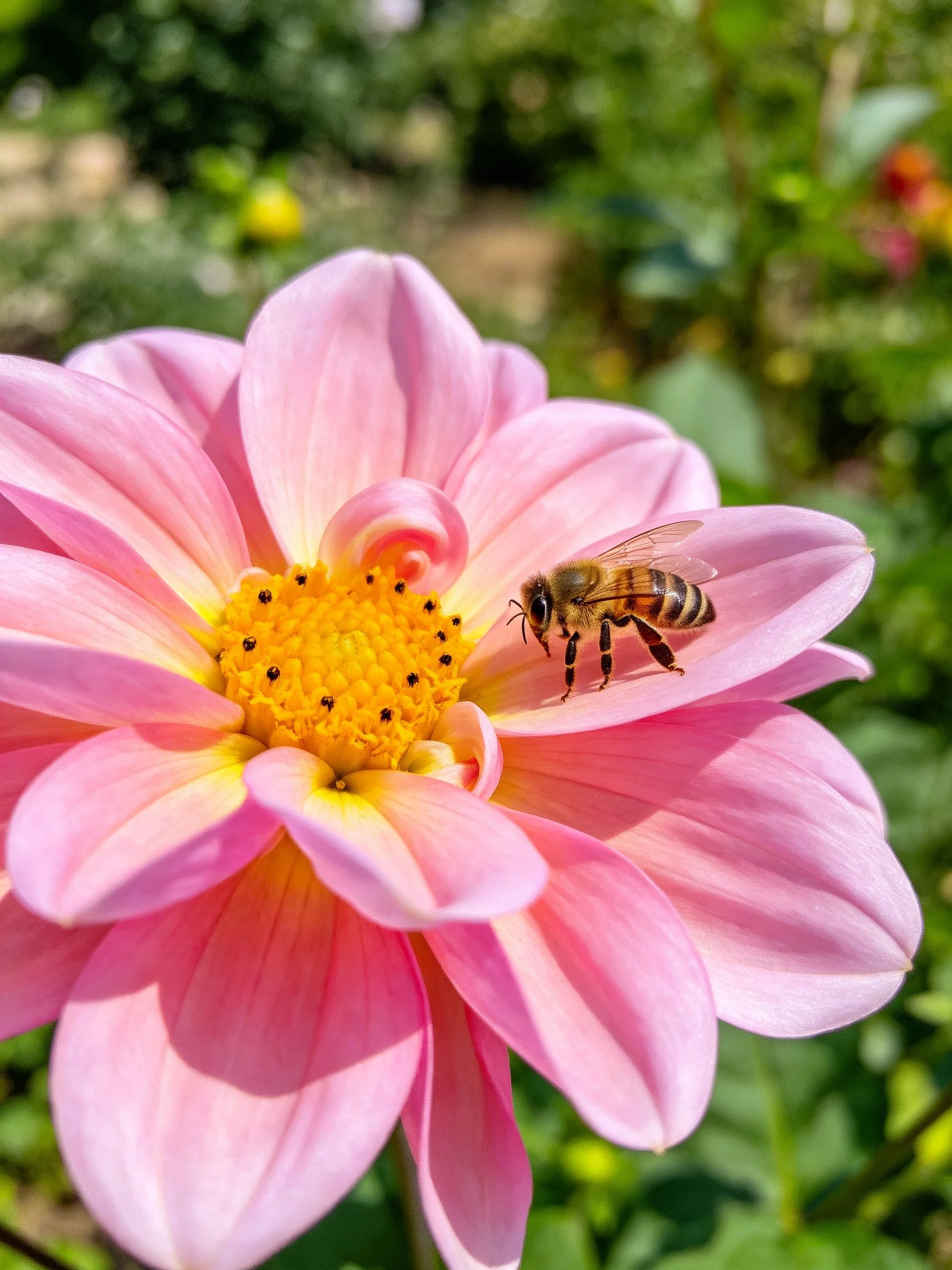 A pink dahlia with a yellow center and a honeybee