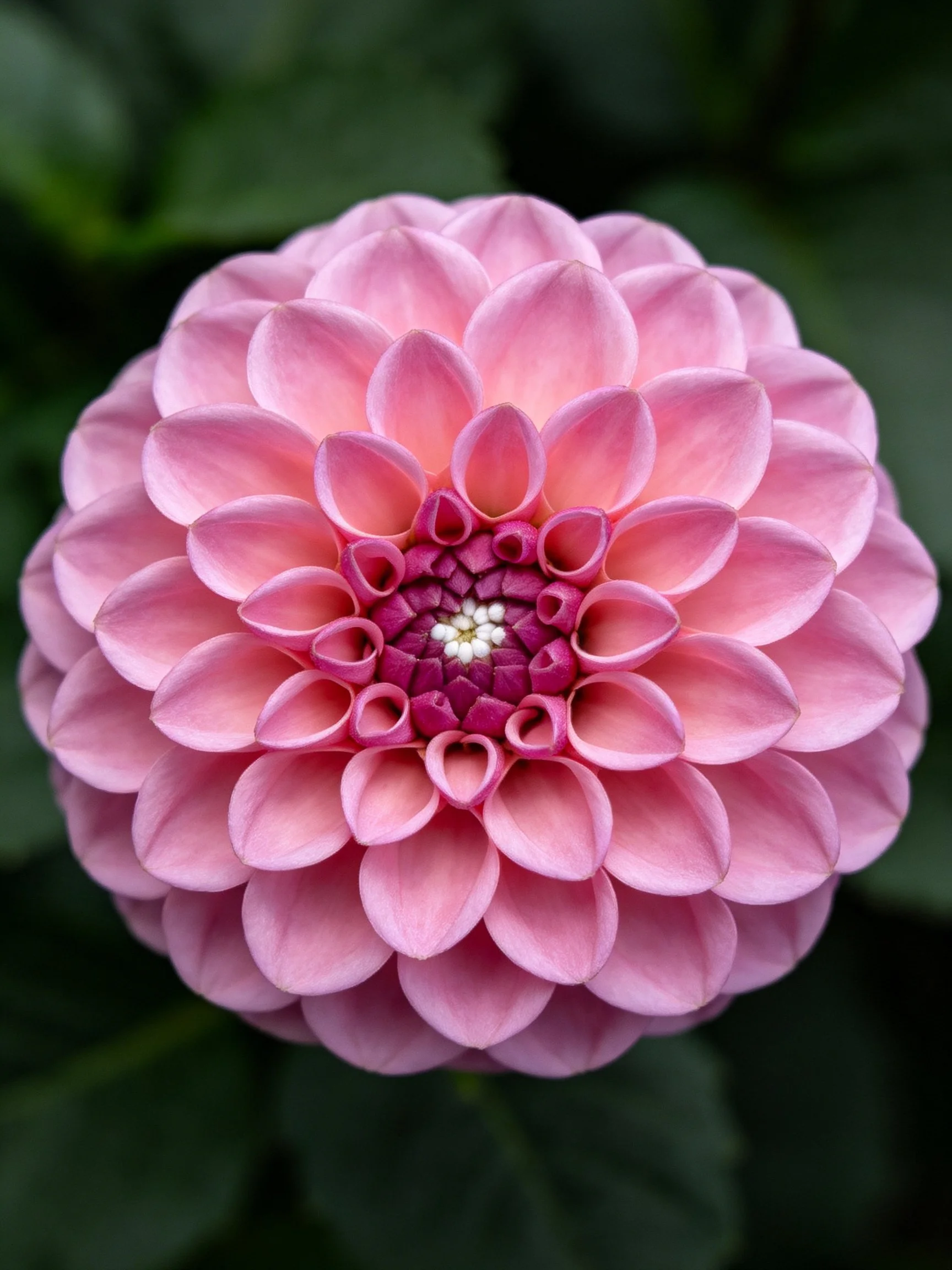 A pink dahlia with layered petals and a dark central cluster