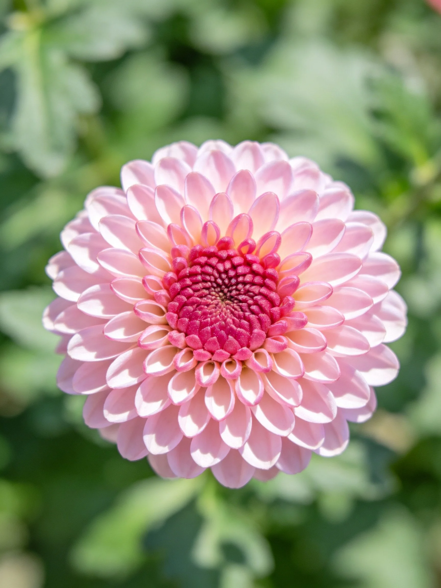 A pink dahlia with layered petals and a dark pink center