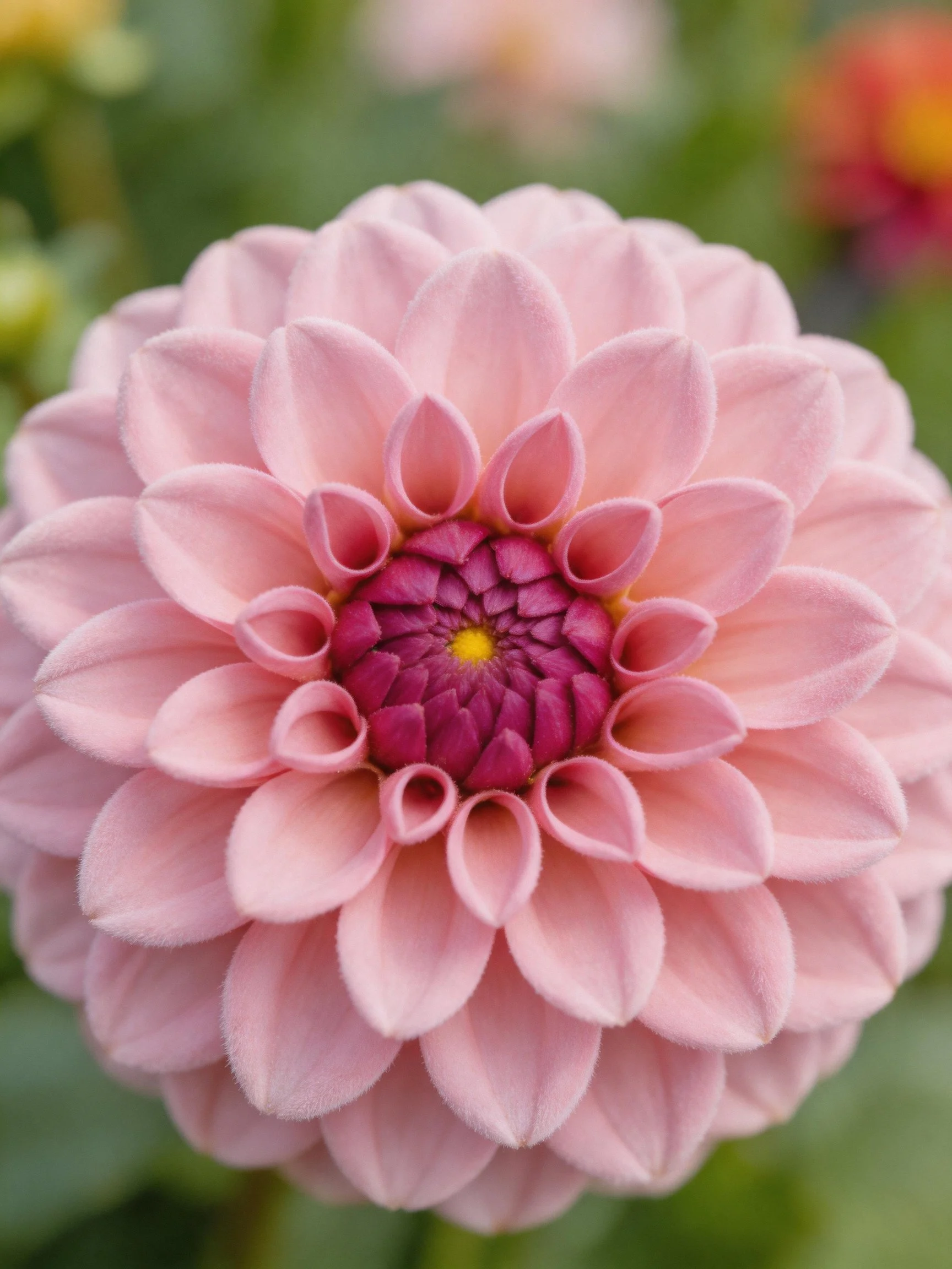 A pink dahlia with layered petals and a magenta center