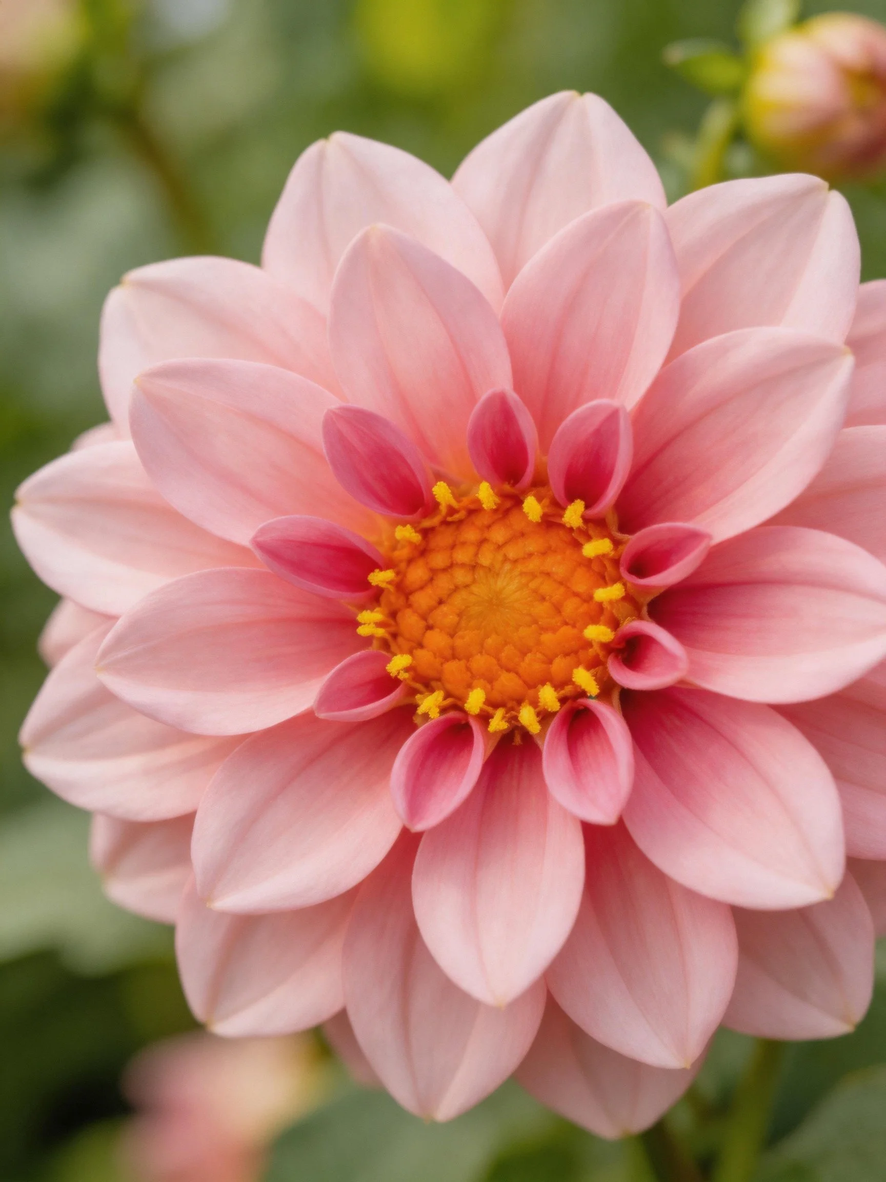 A pink dahlia with layered petals and an orange center