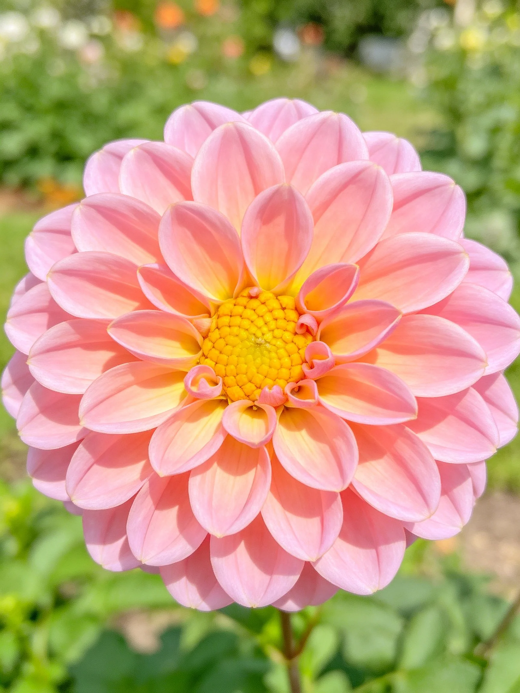 A pink dahlia with layered petals and bright yellow center