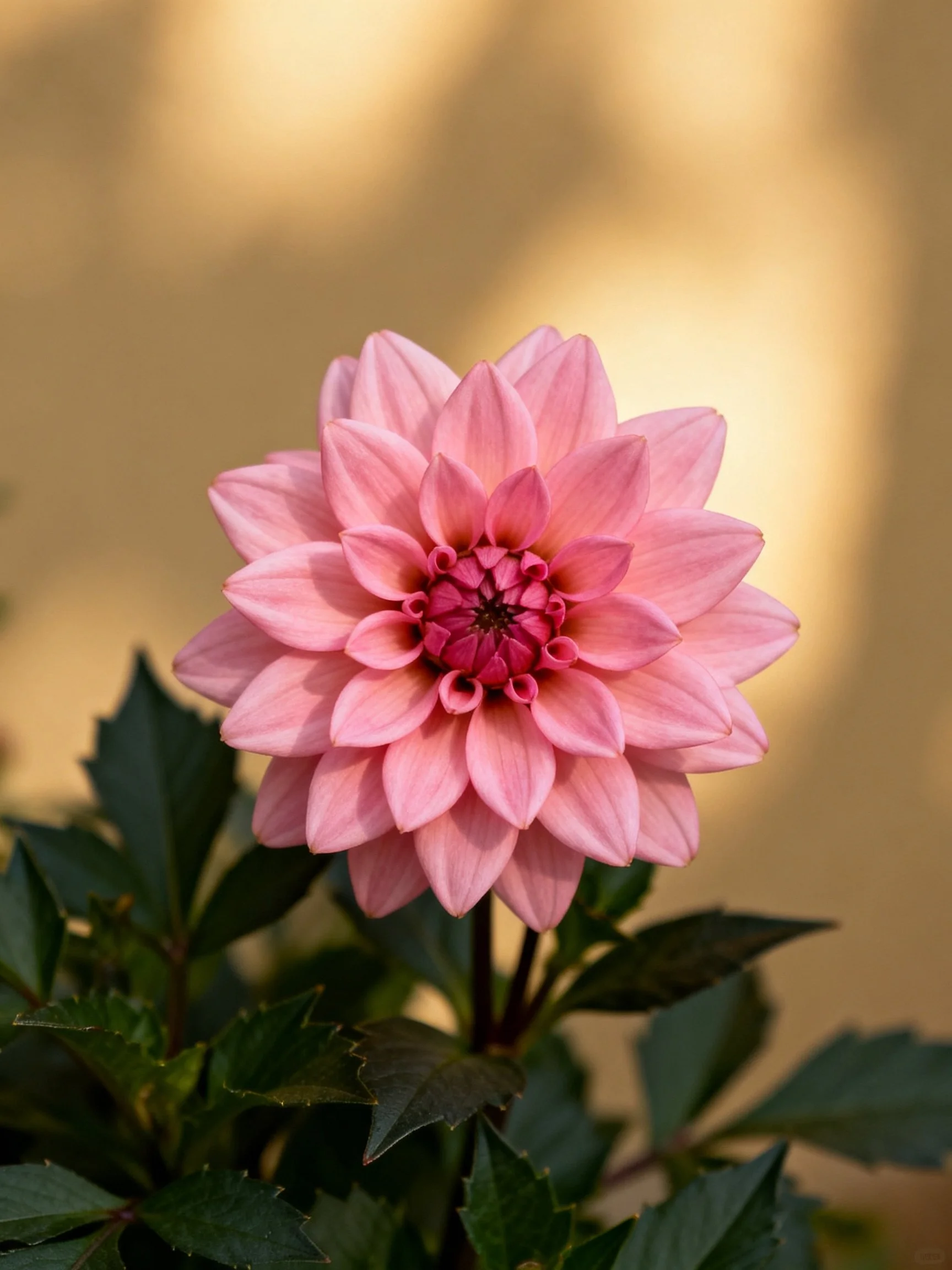 A pink dahlia with layered petals and dark green leaves