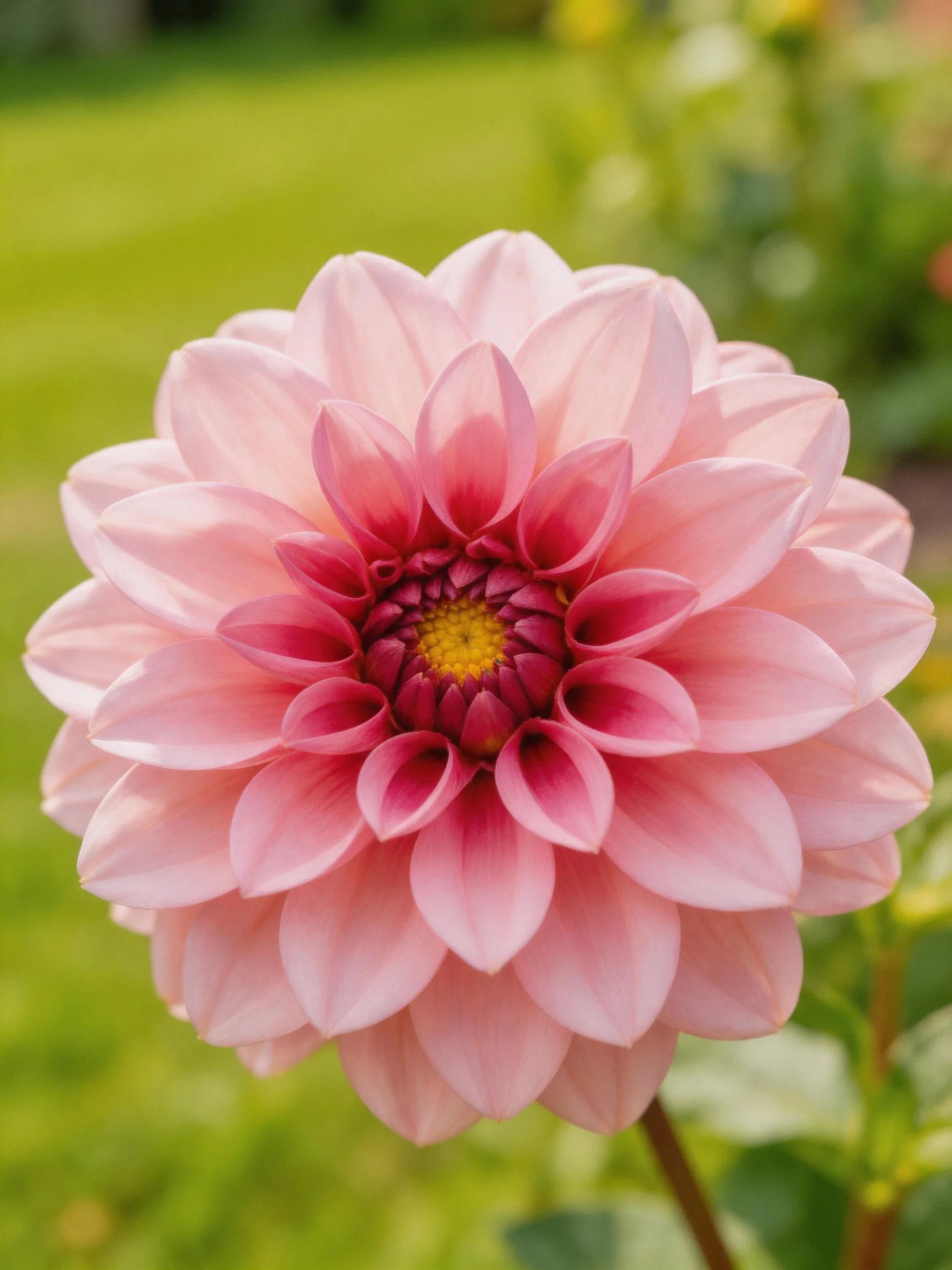 A pink dahlia with layered petals and vibrant center