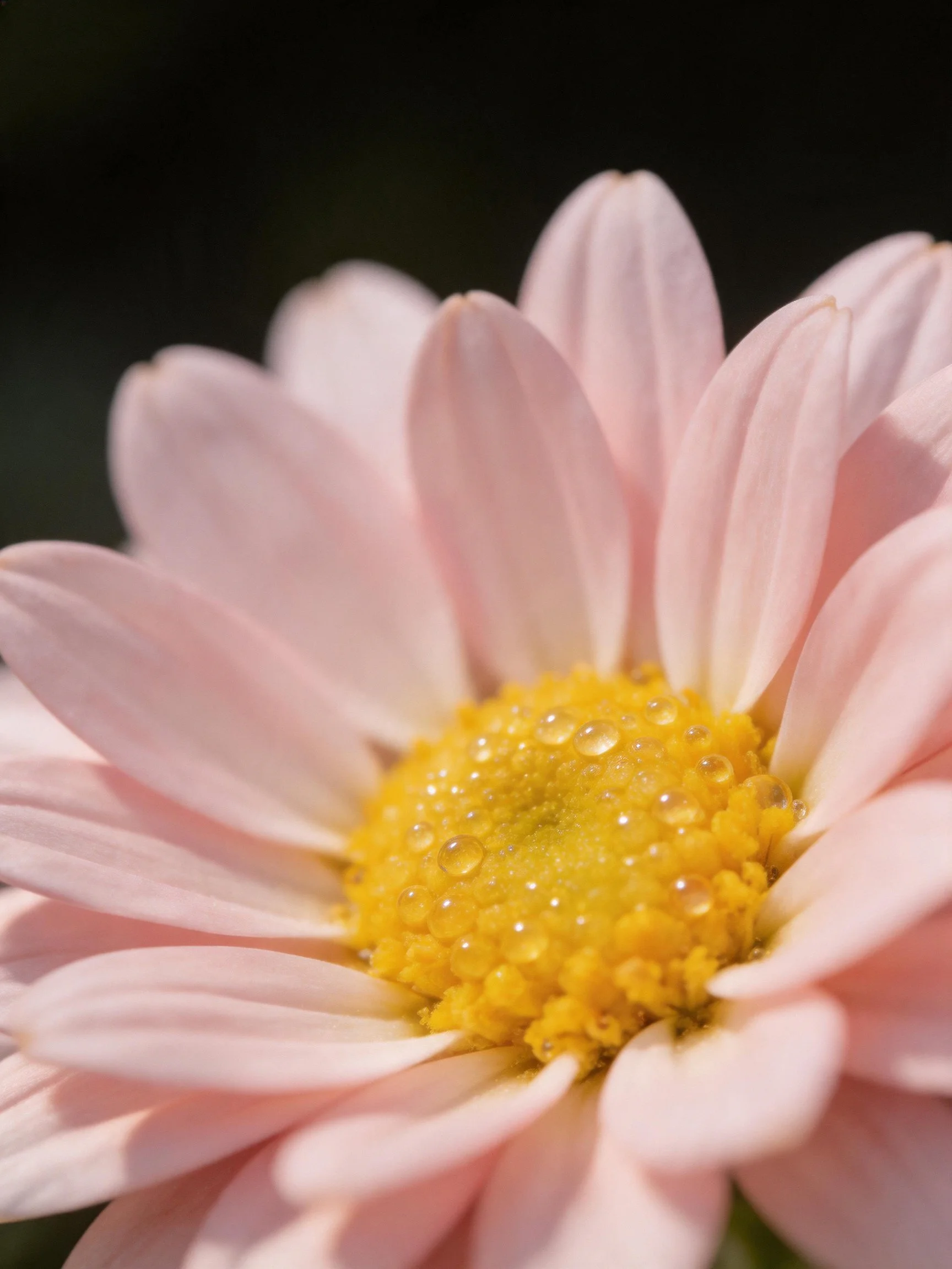 A pink daisy with yellow center featuring water droplets on petals