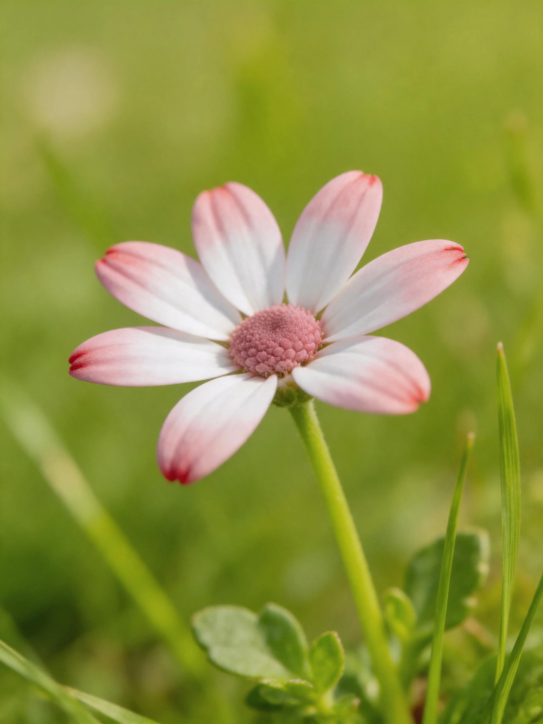 A pink-edged daisy with a textured center in green surroundings