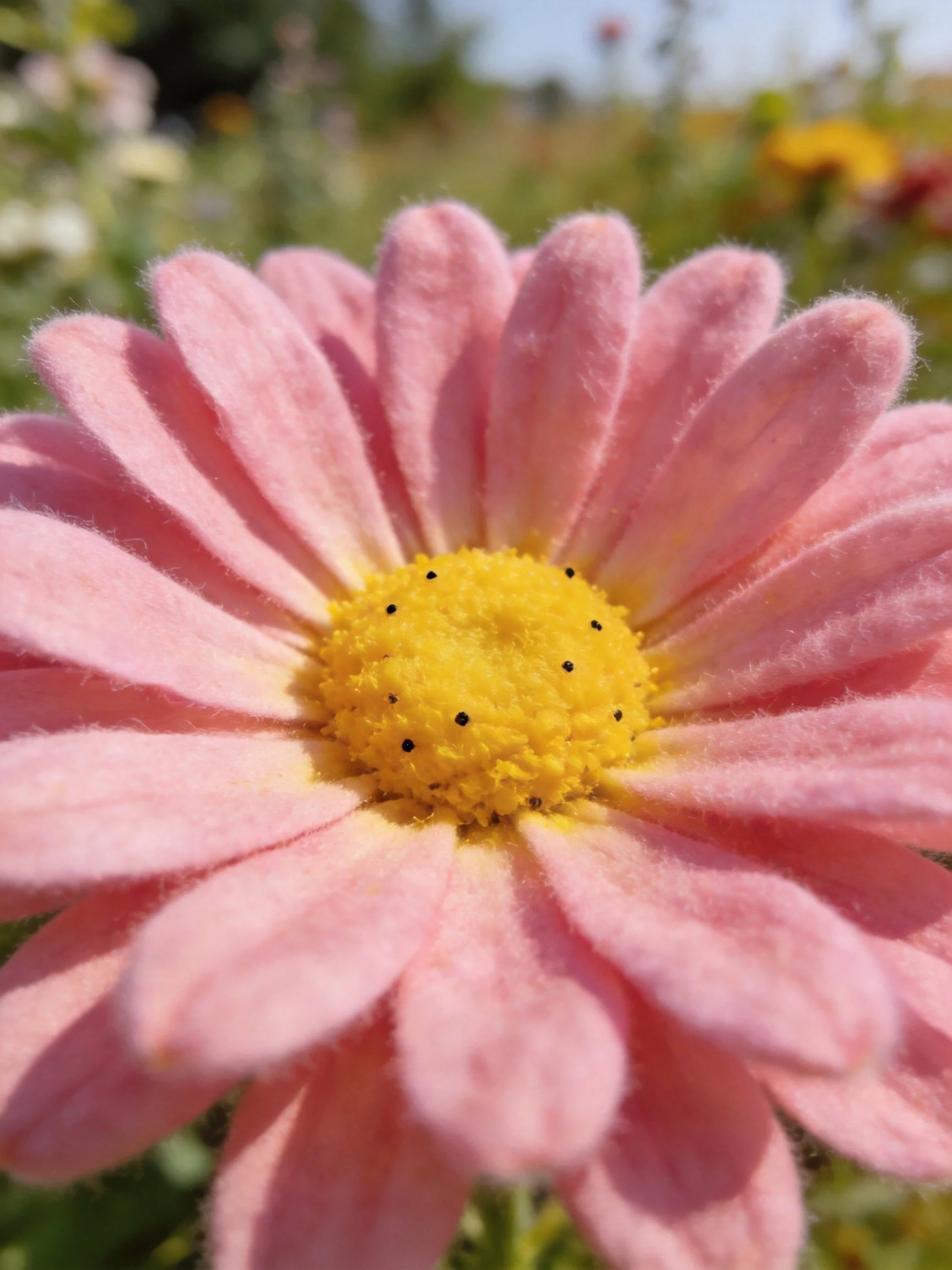 A pink felt flower with a bright yellow center