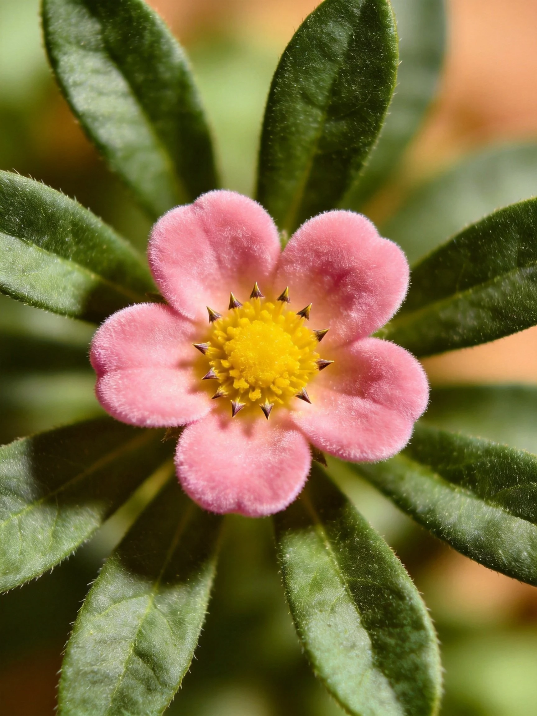 A pink five-petaled flower with a yellow center and green leaves