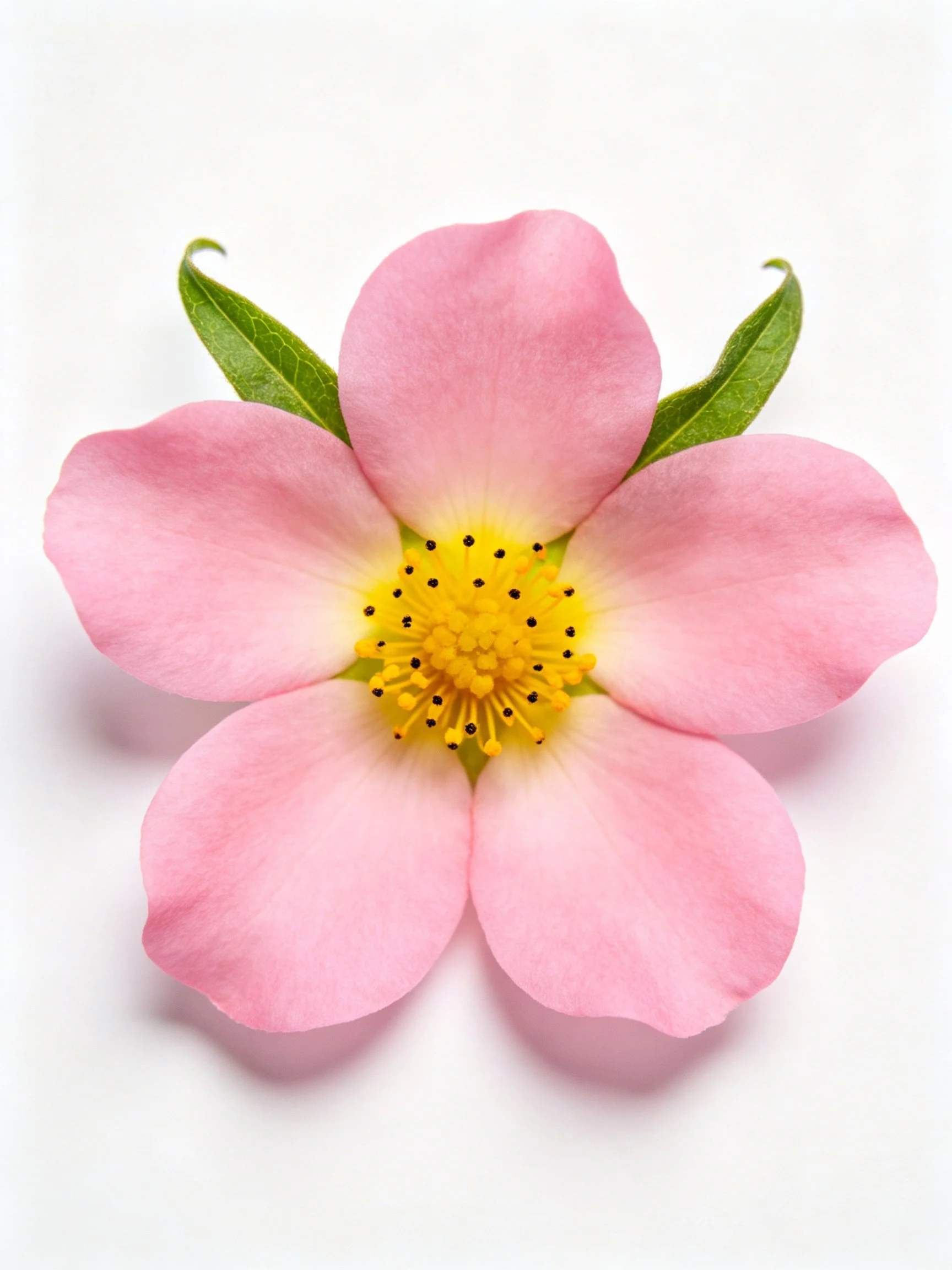 A pink five-petaled flower with a yellow center and green leaves