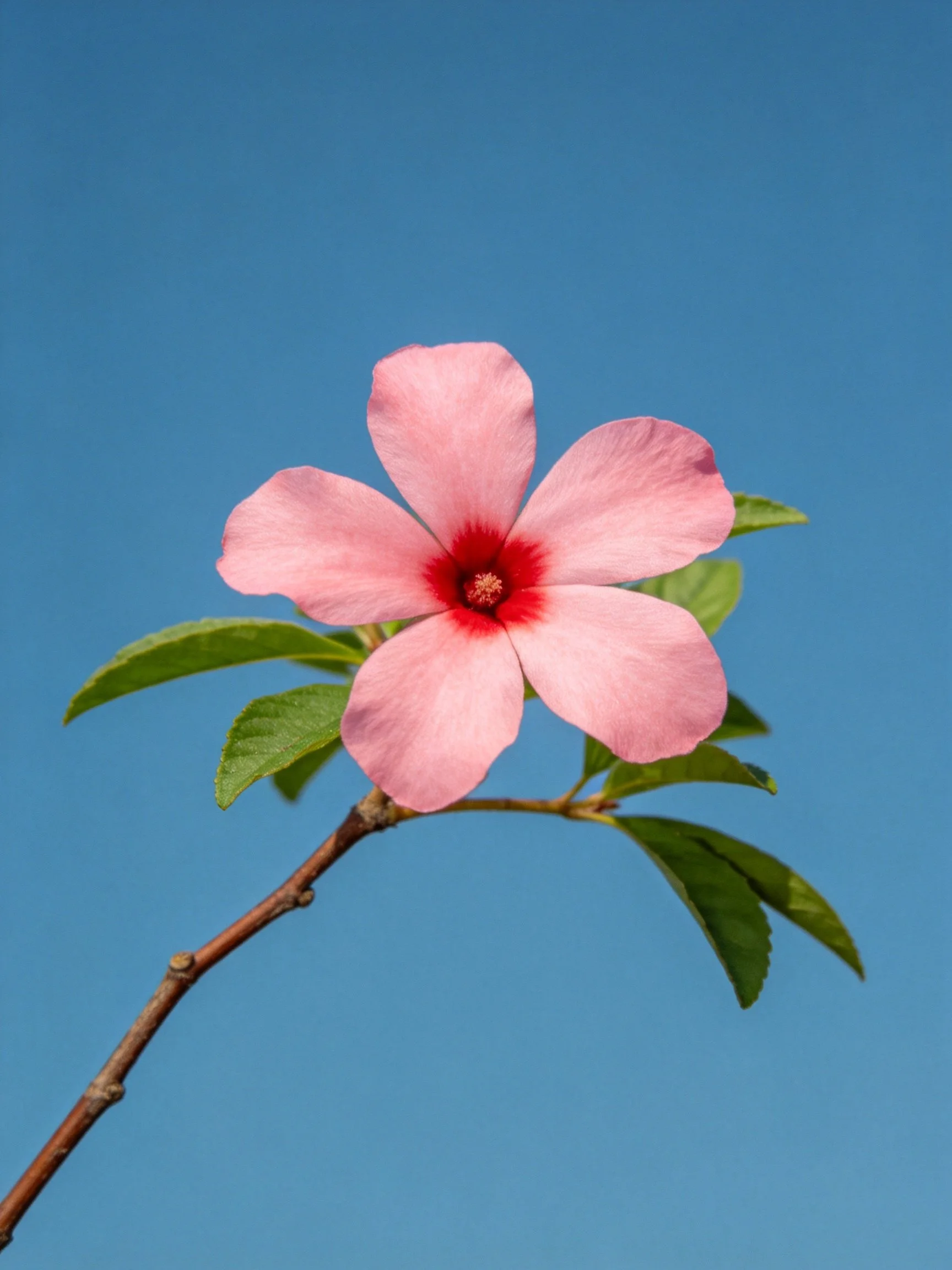 A pink five-petaled flower with red center on a branch
