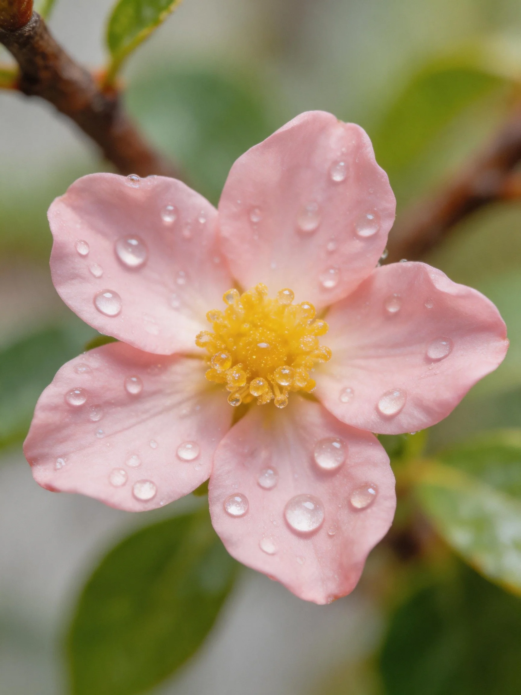 A close - up of a pink flower with water droplets and a yellow center.
