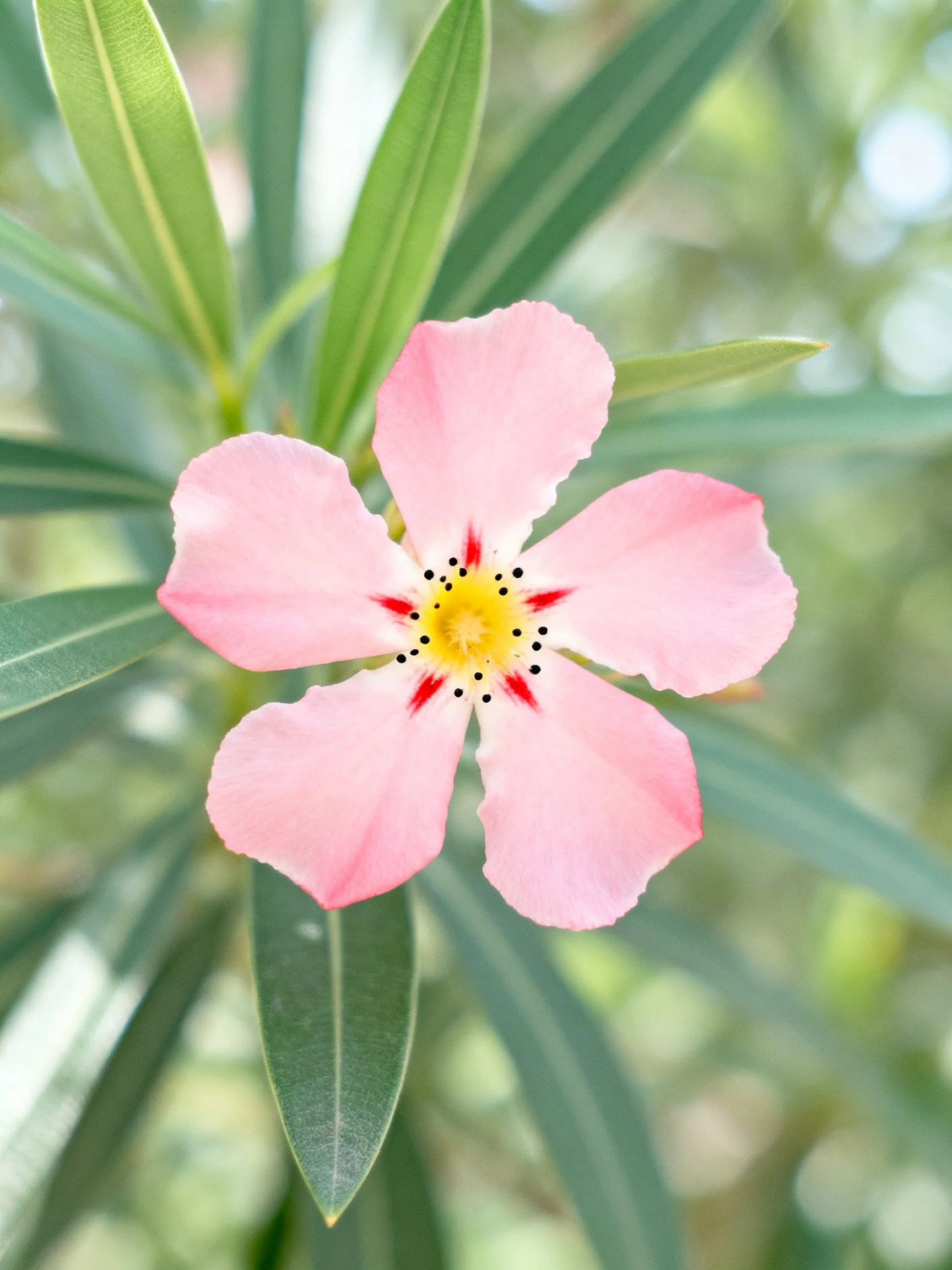A pink five-petaled flower with yellow-red center amid green leaves