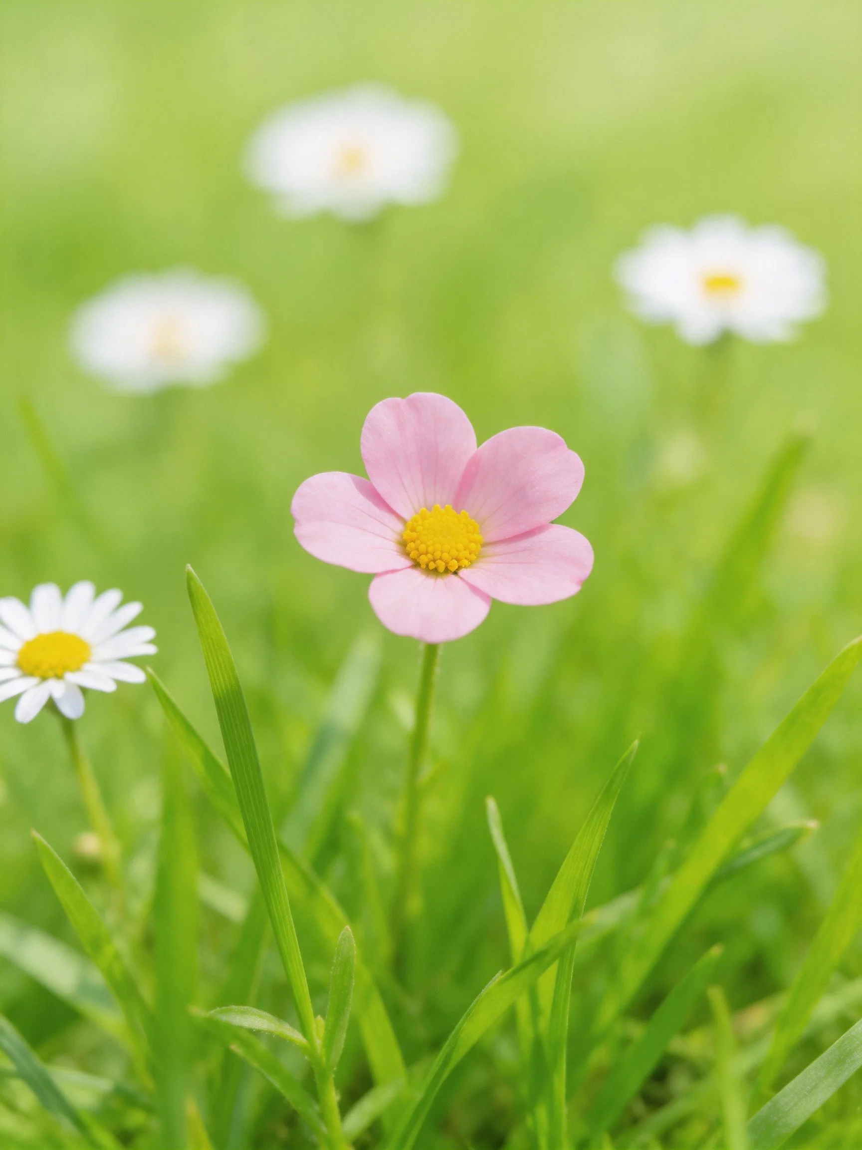 A pink flower and white daisies amidst lush green grass