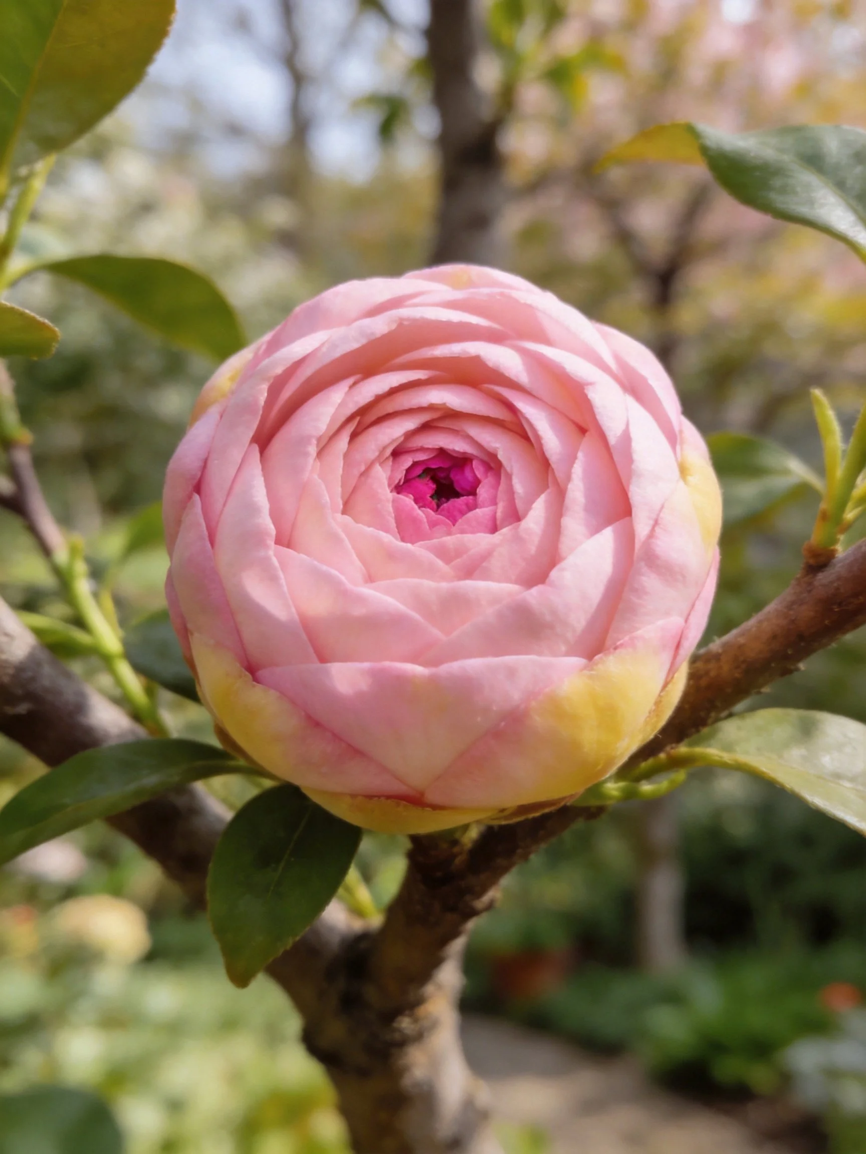 A pink flower bud with layered petals on a tree branch