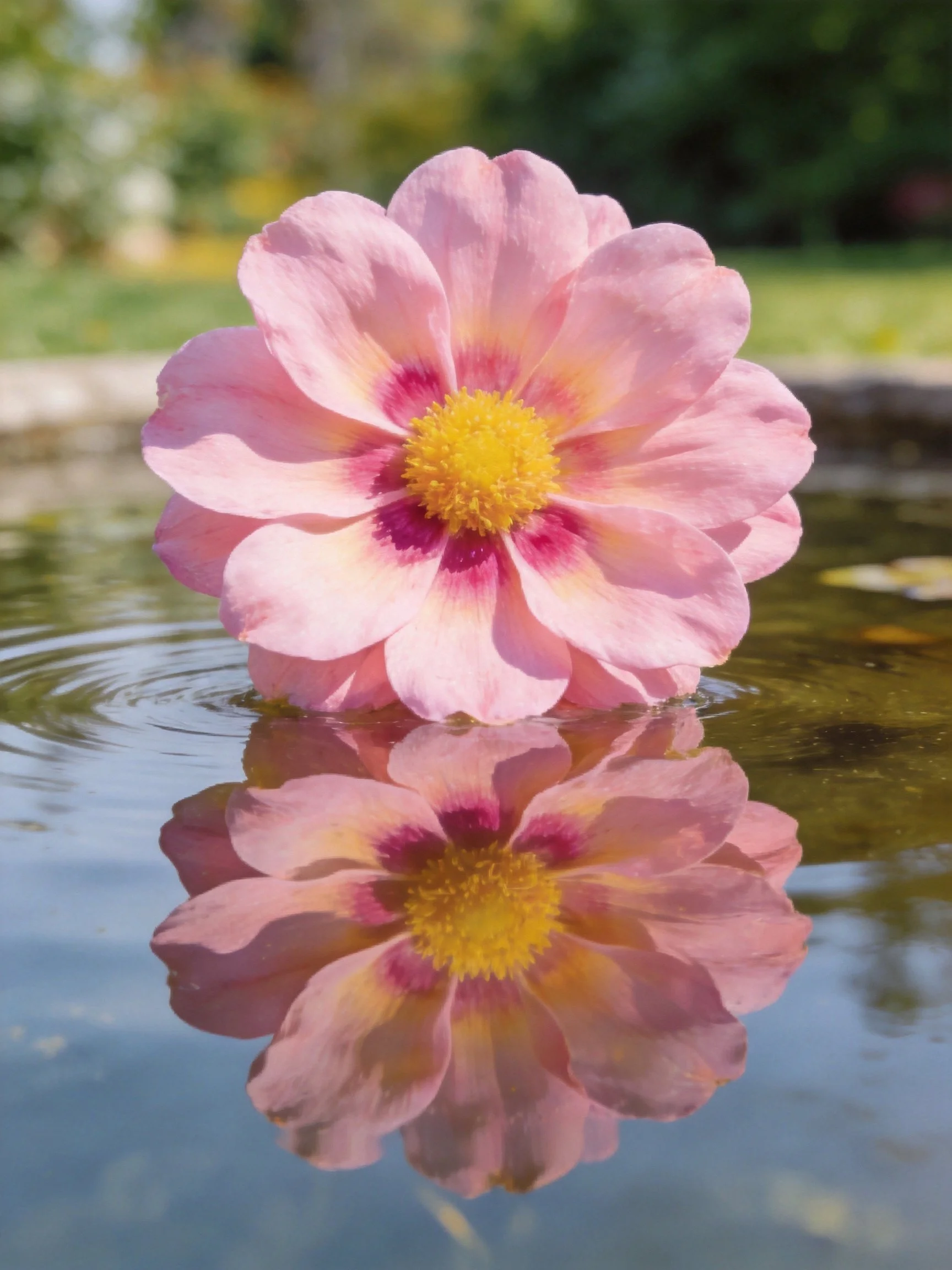 A pink flower floats on calm water with a clear reflection