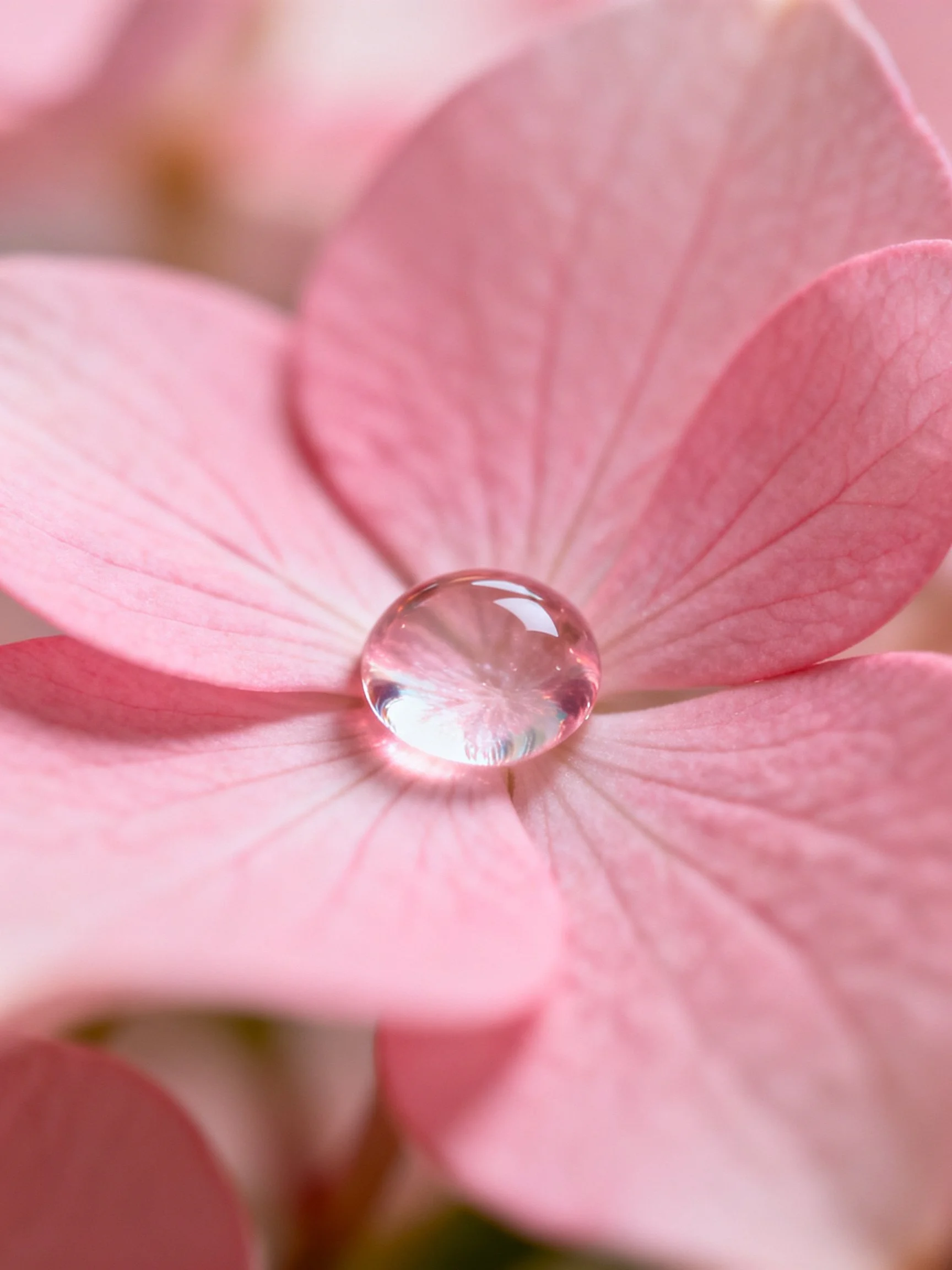 A pink flower with a central clear water droplet