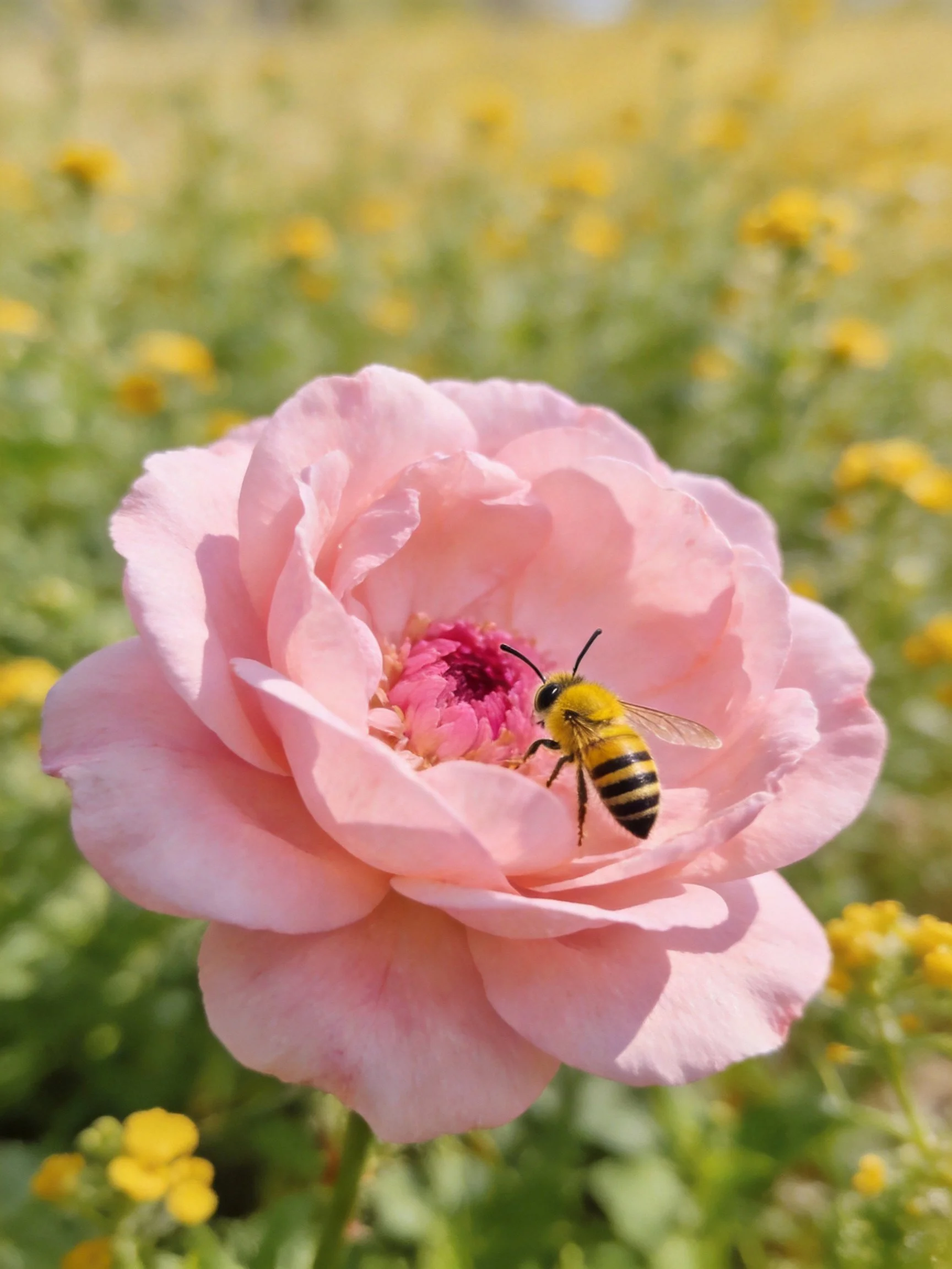 A pink flower with a striped bee amid yellow blooms