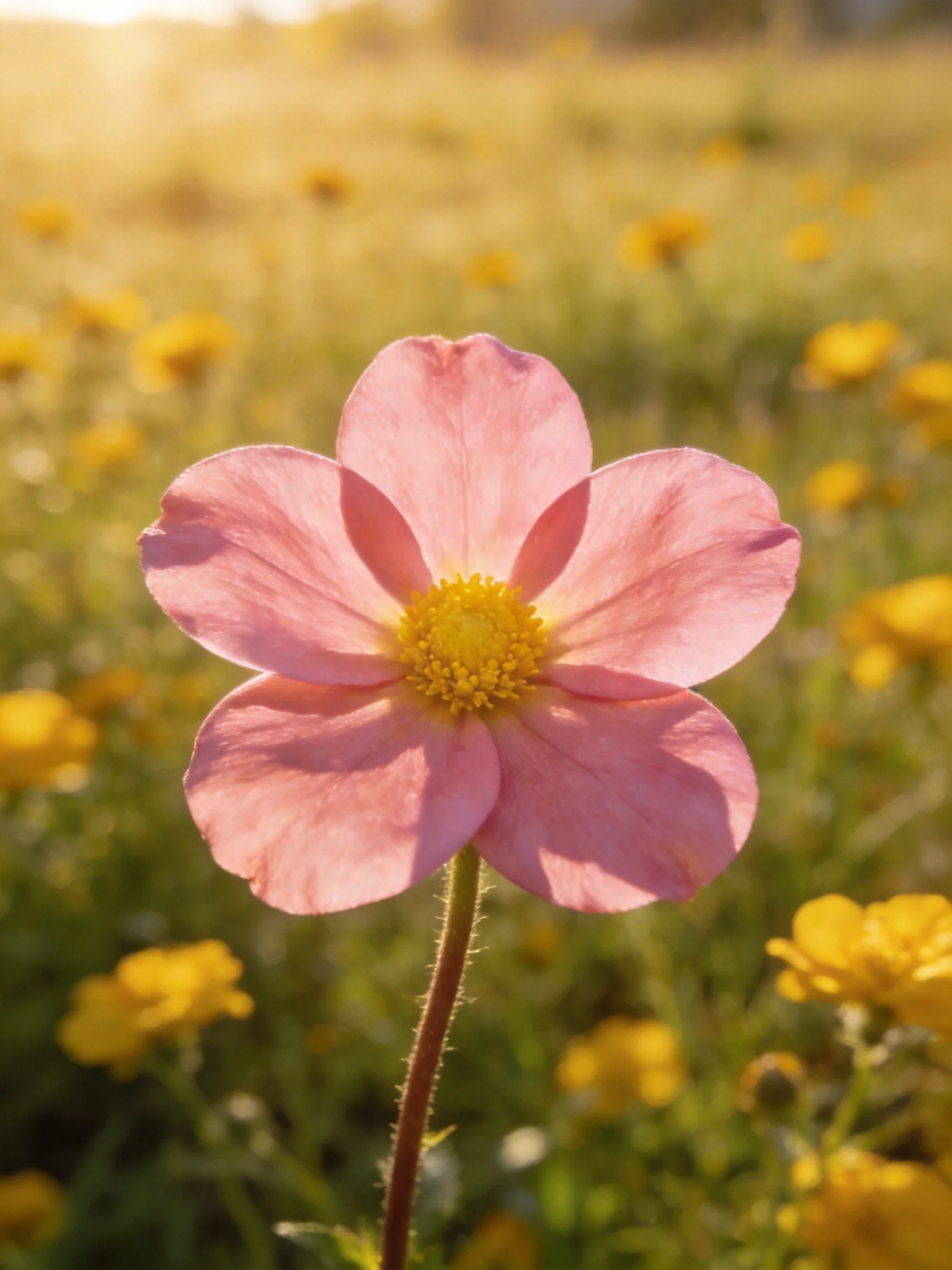 A pink flower with a yellow center amid yellow wildflowers in a sunlit meadow