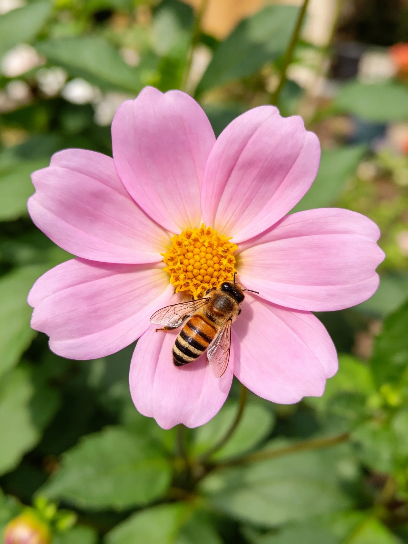 A pink flower with a yellow center and a bee