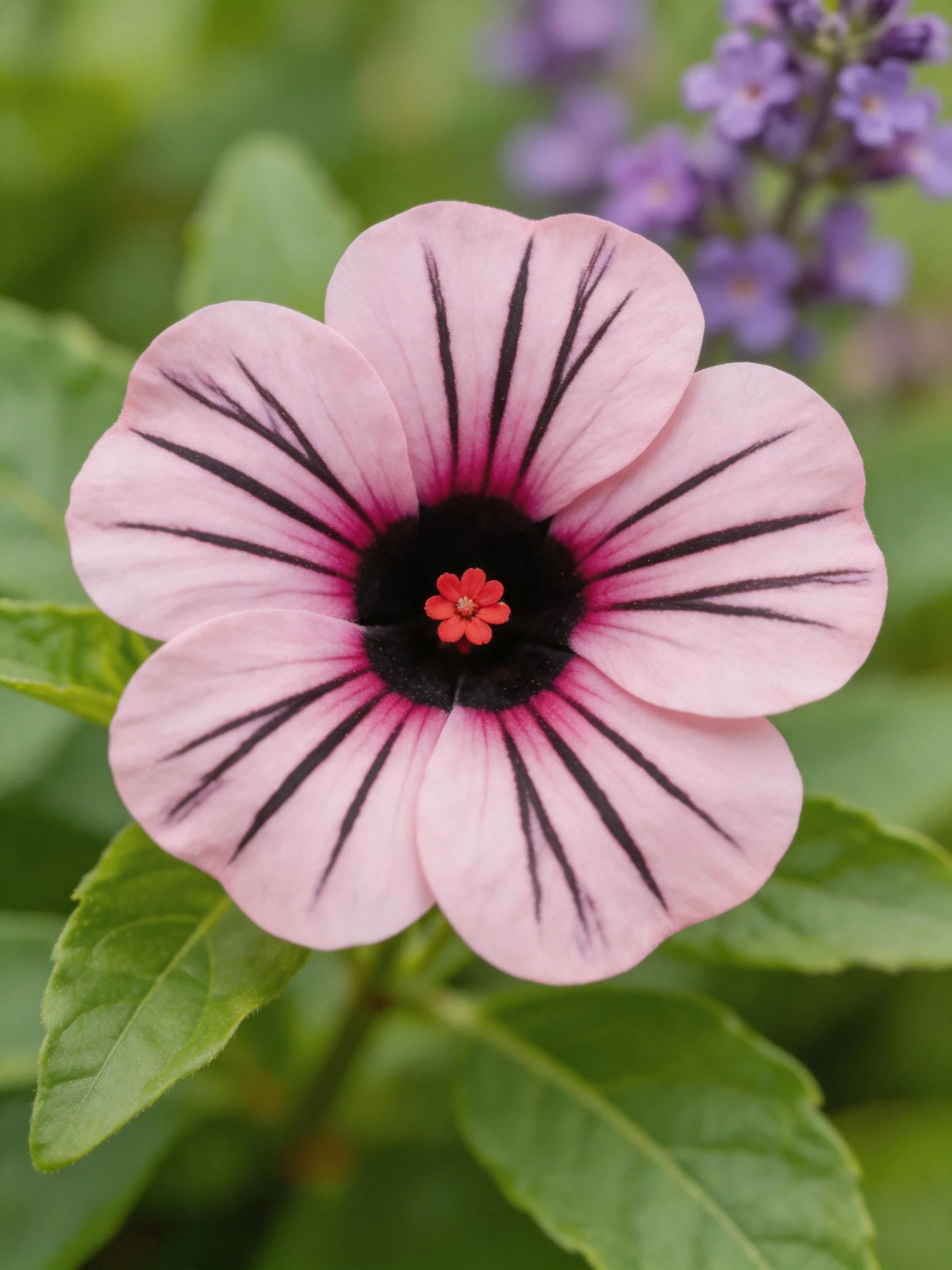 A pink flower with bold black stripes, surrounded by green foliage