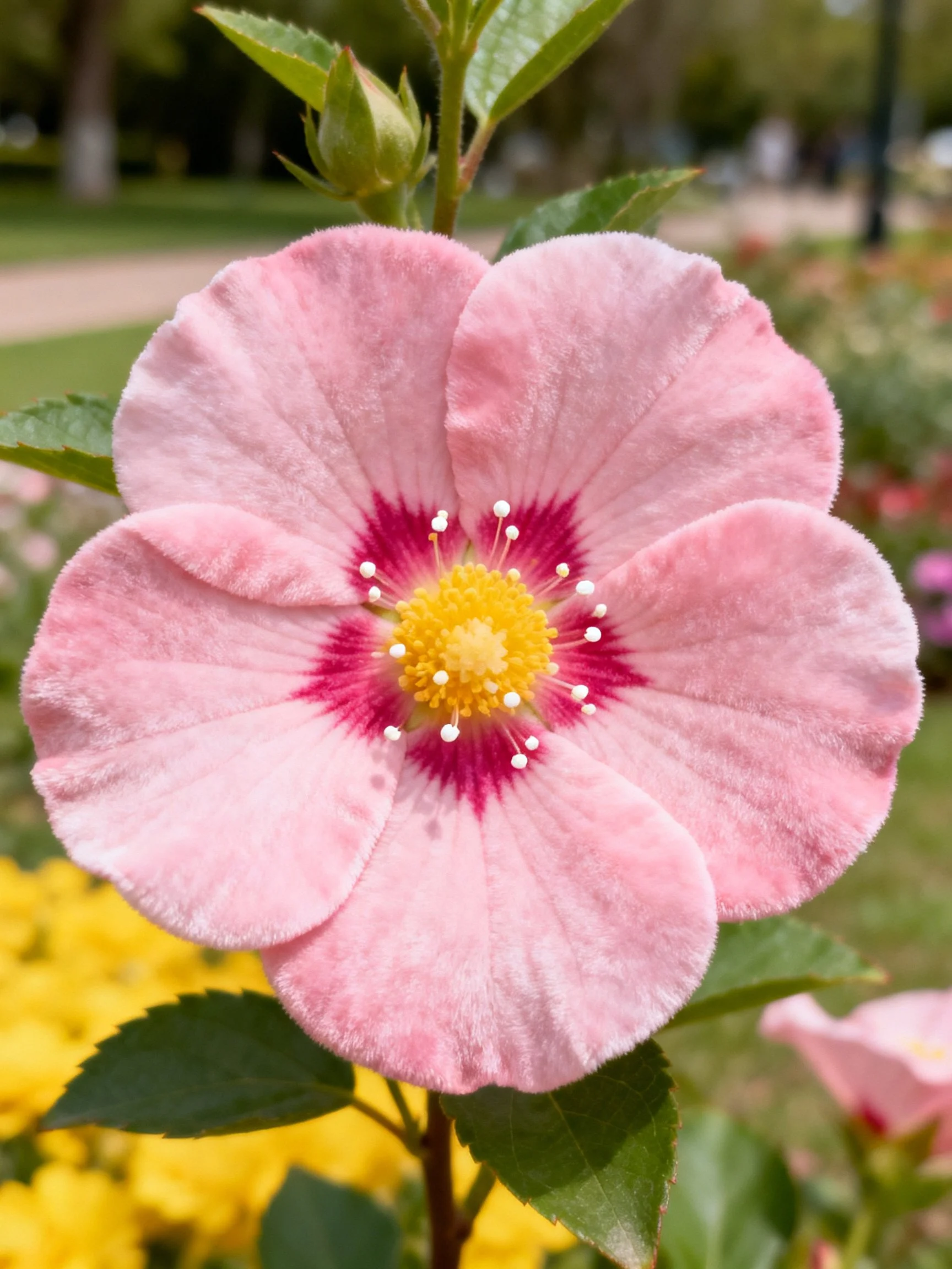 A pink flower with magenta center and yellow core
