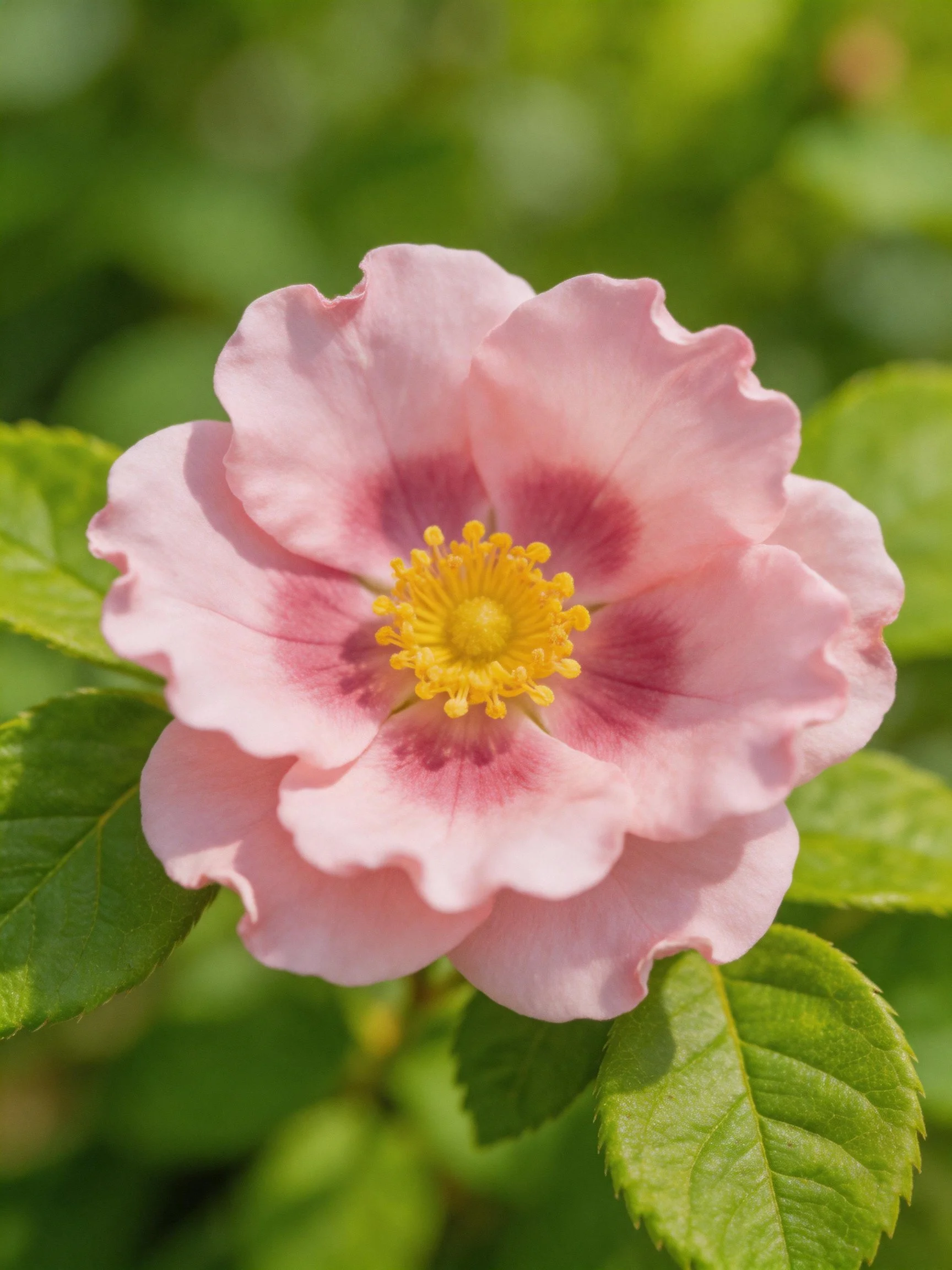 A pink flower with purple centers and yellow stamens