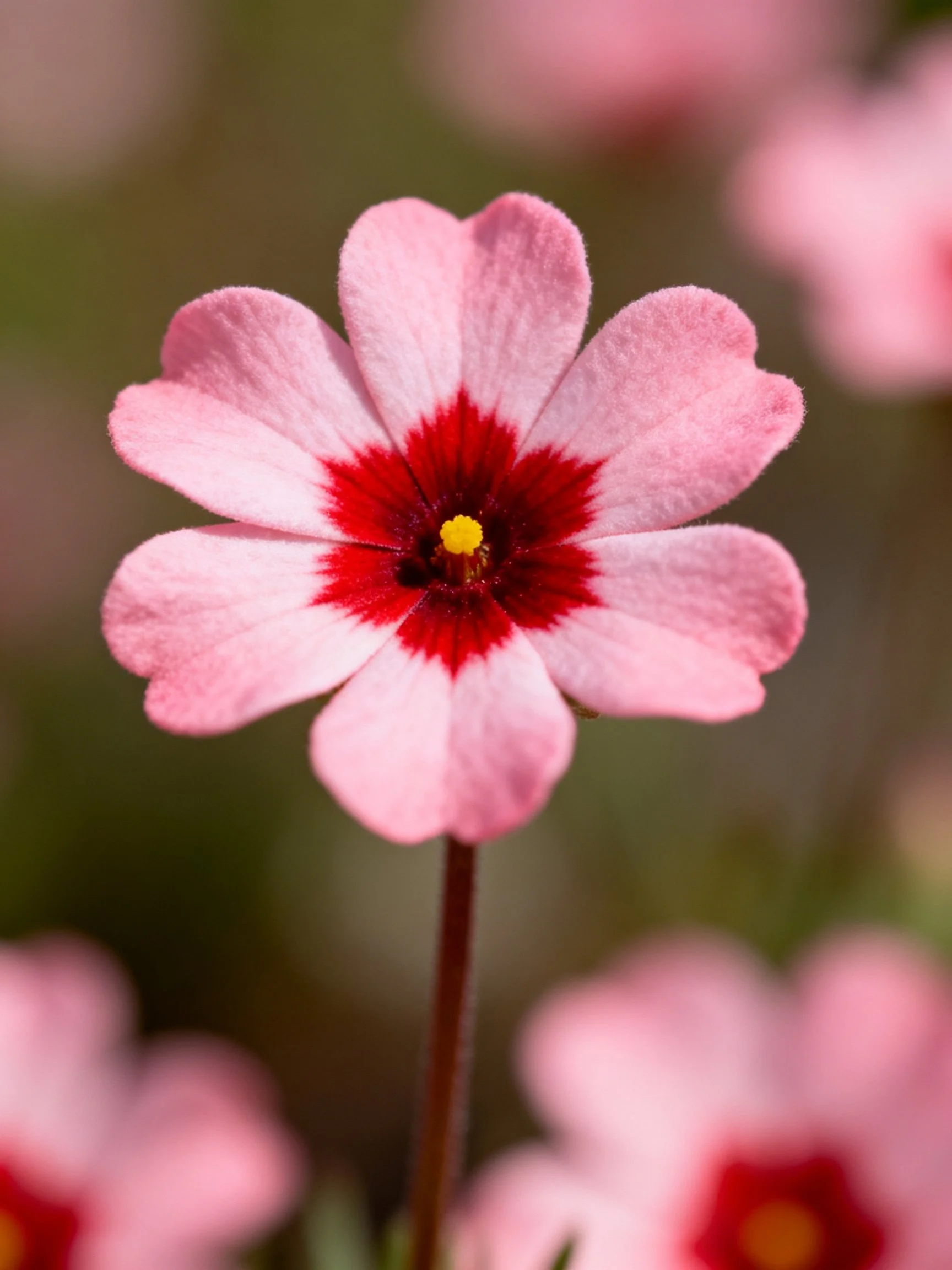 A close - up of a pink flower with a red center amid blurred floral surroundings.