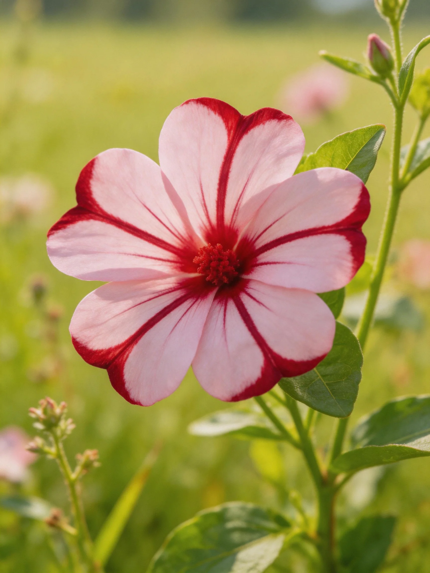 A pink flower with red petal edges blooms among green foliage
