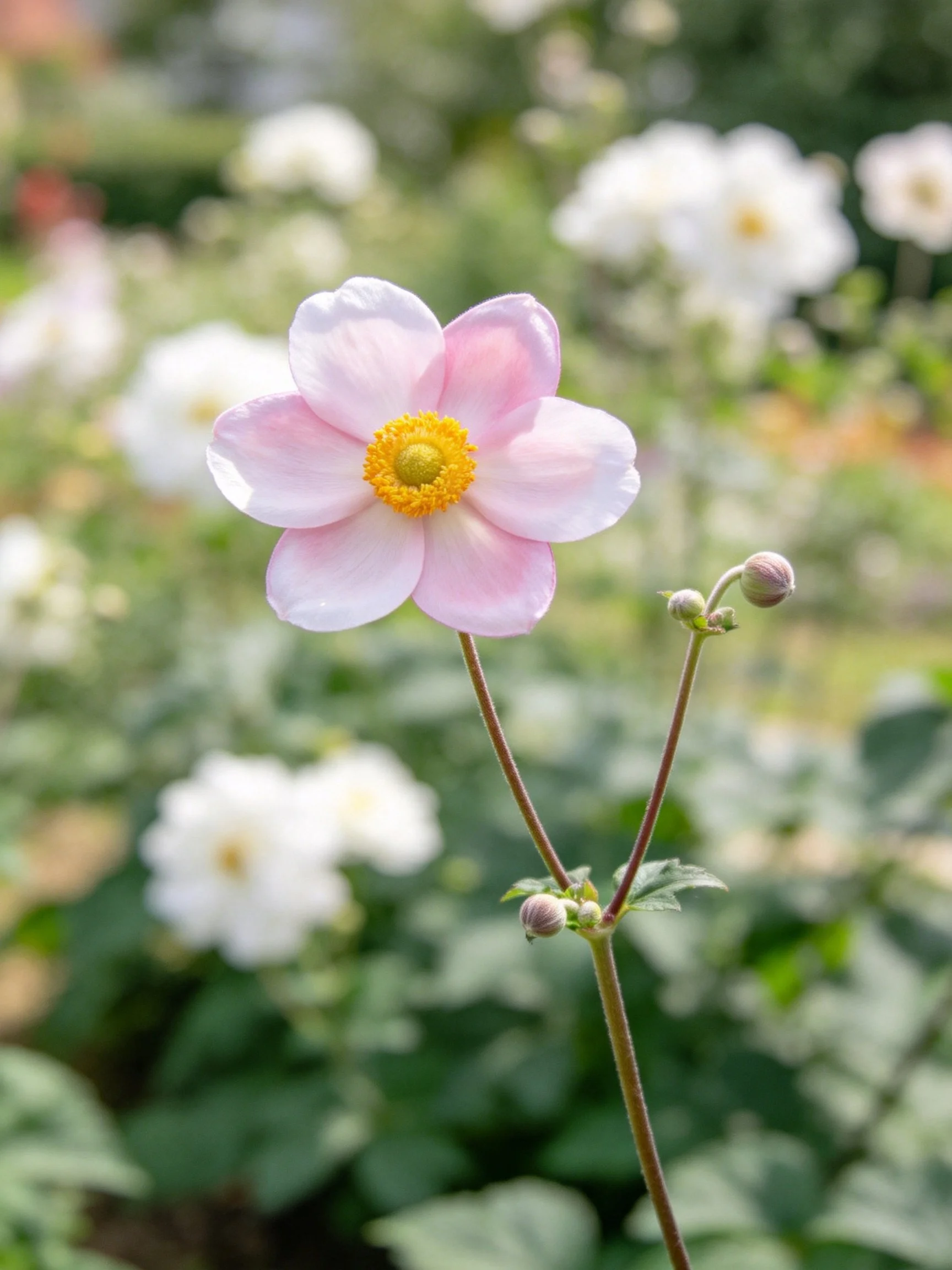 A pink flower with yellow center amid white blooms