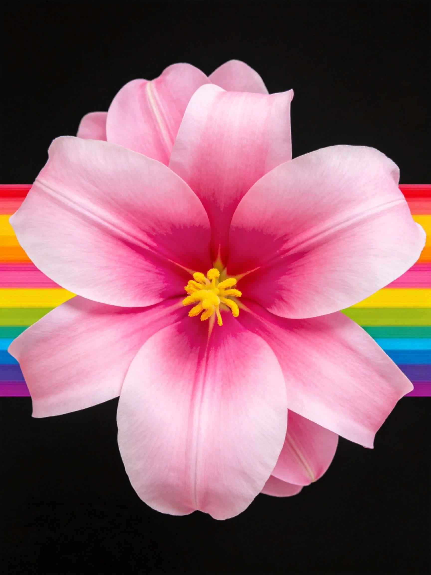 A pink flower with yellow center, black background with rainbow stripes