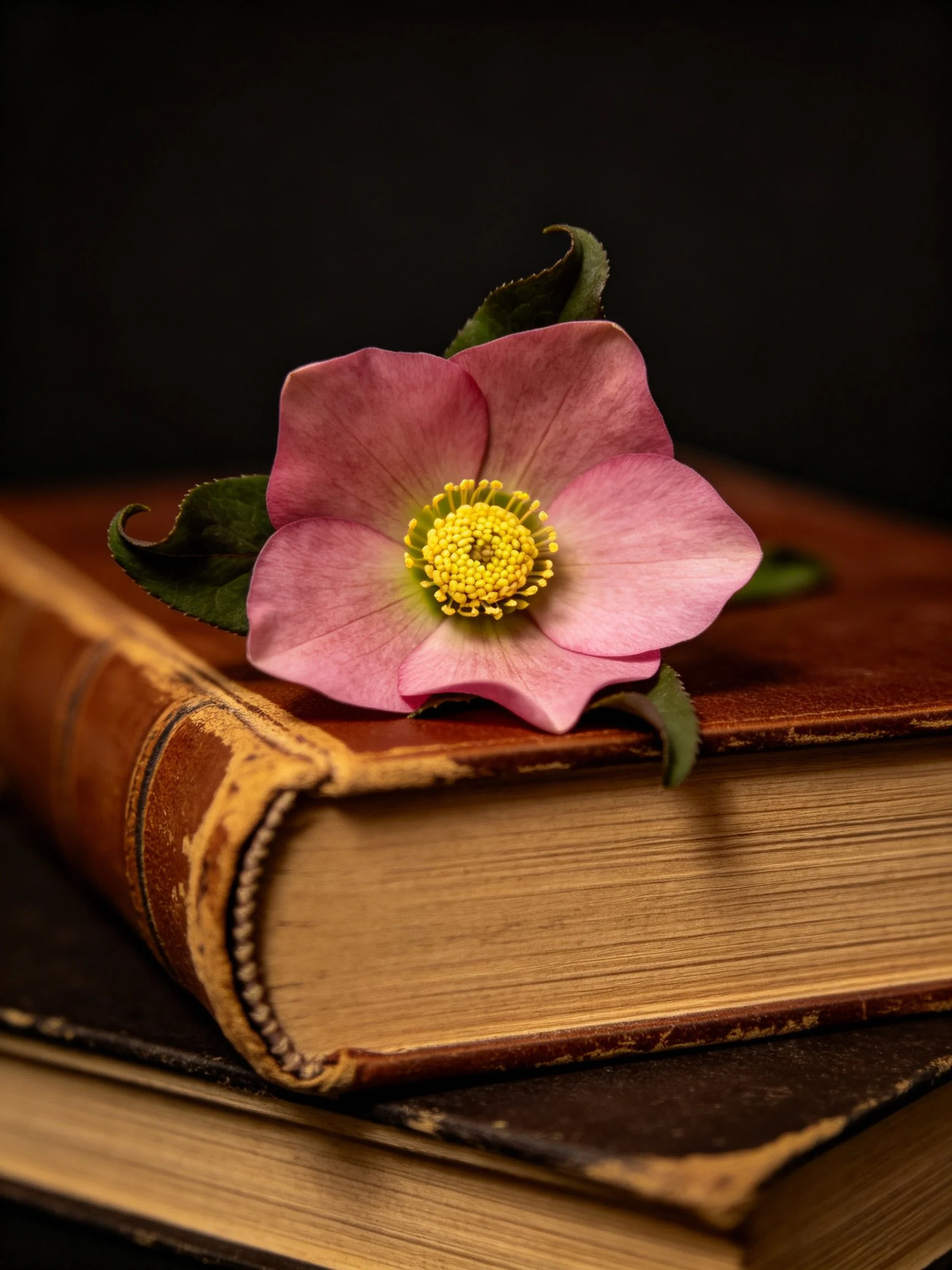 A pink hellebore rests atop aged leather-bound books