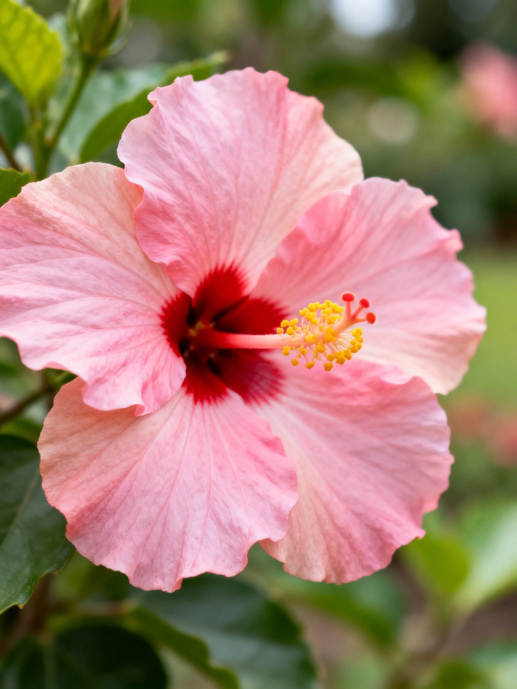 A pink hibiscus flower with broad petals and red center