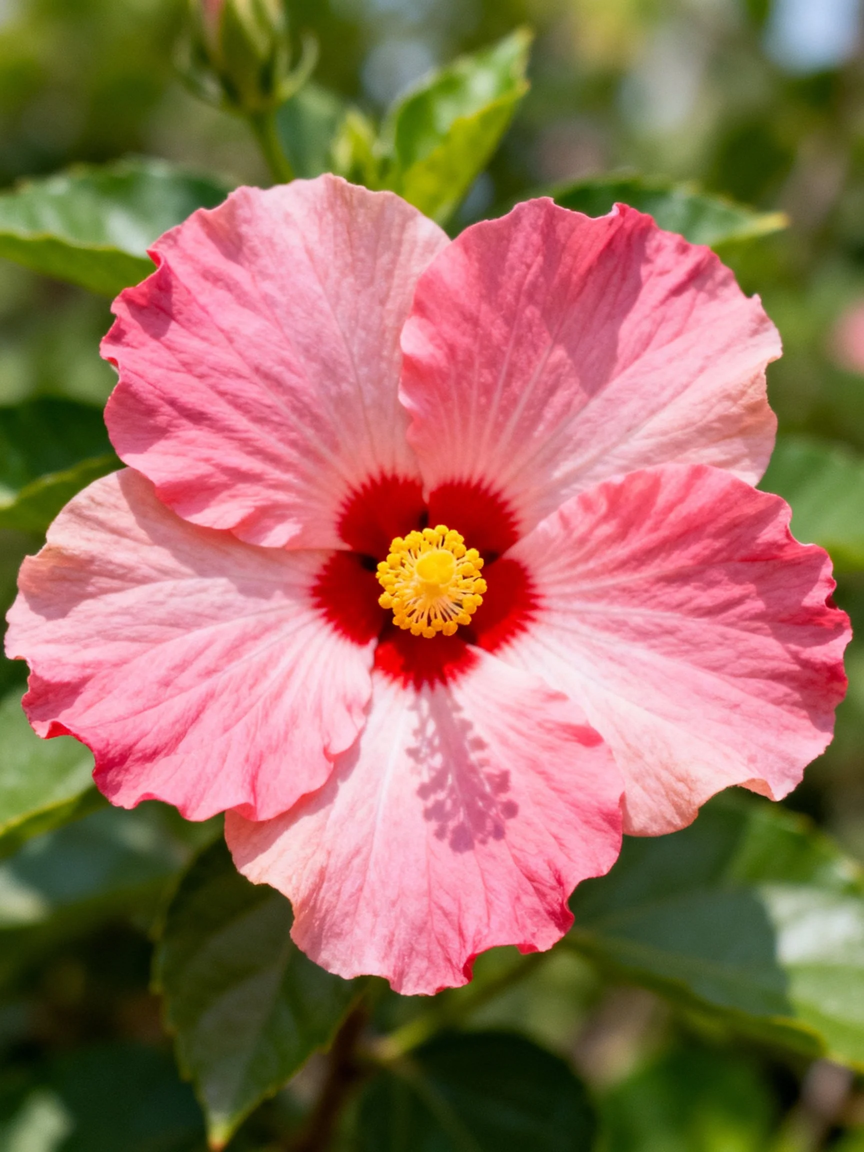 A pink hibiscus flower with red center and yellow stamens