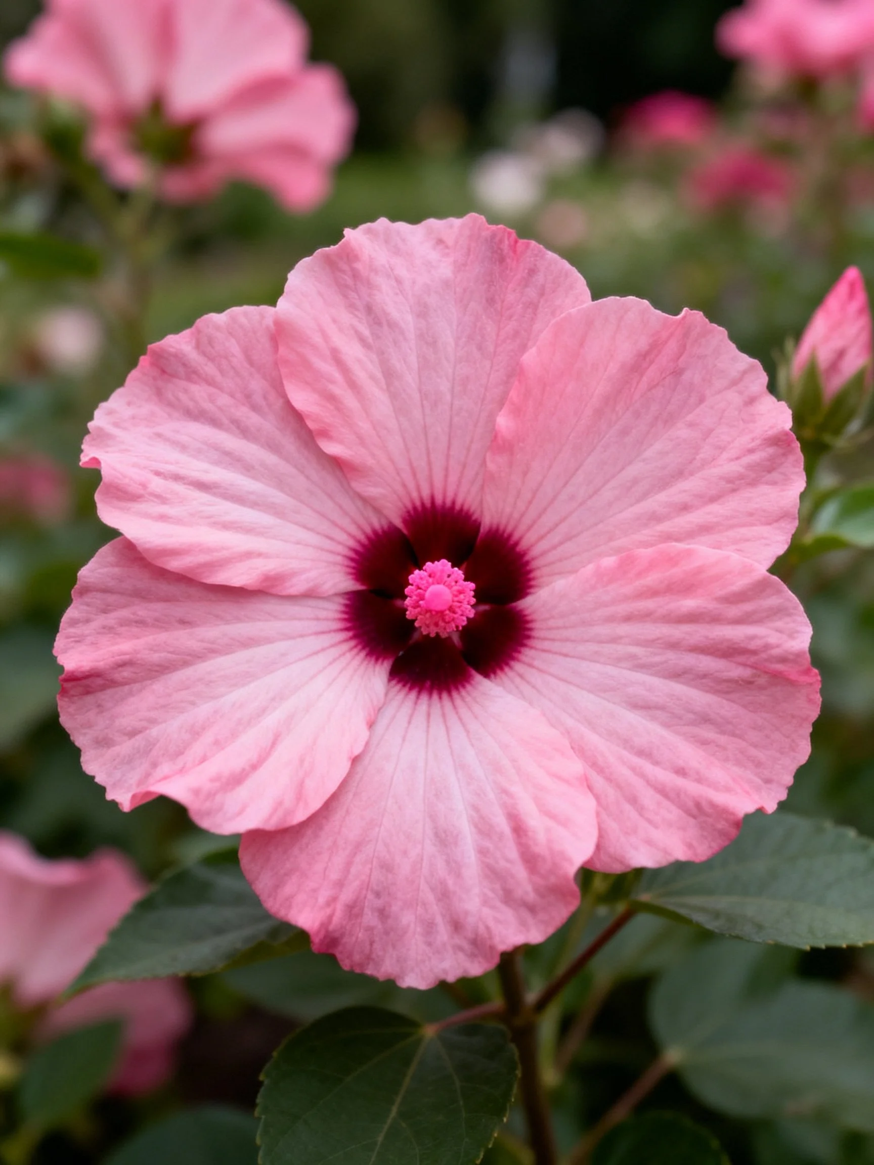 A pink hibiscus flower with soft petals and a dark maroon center
