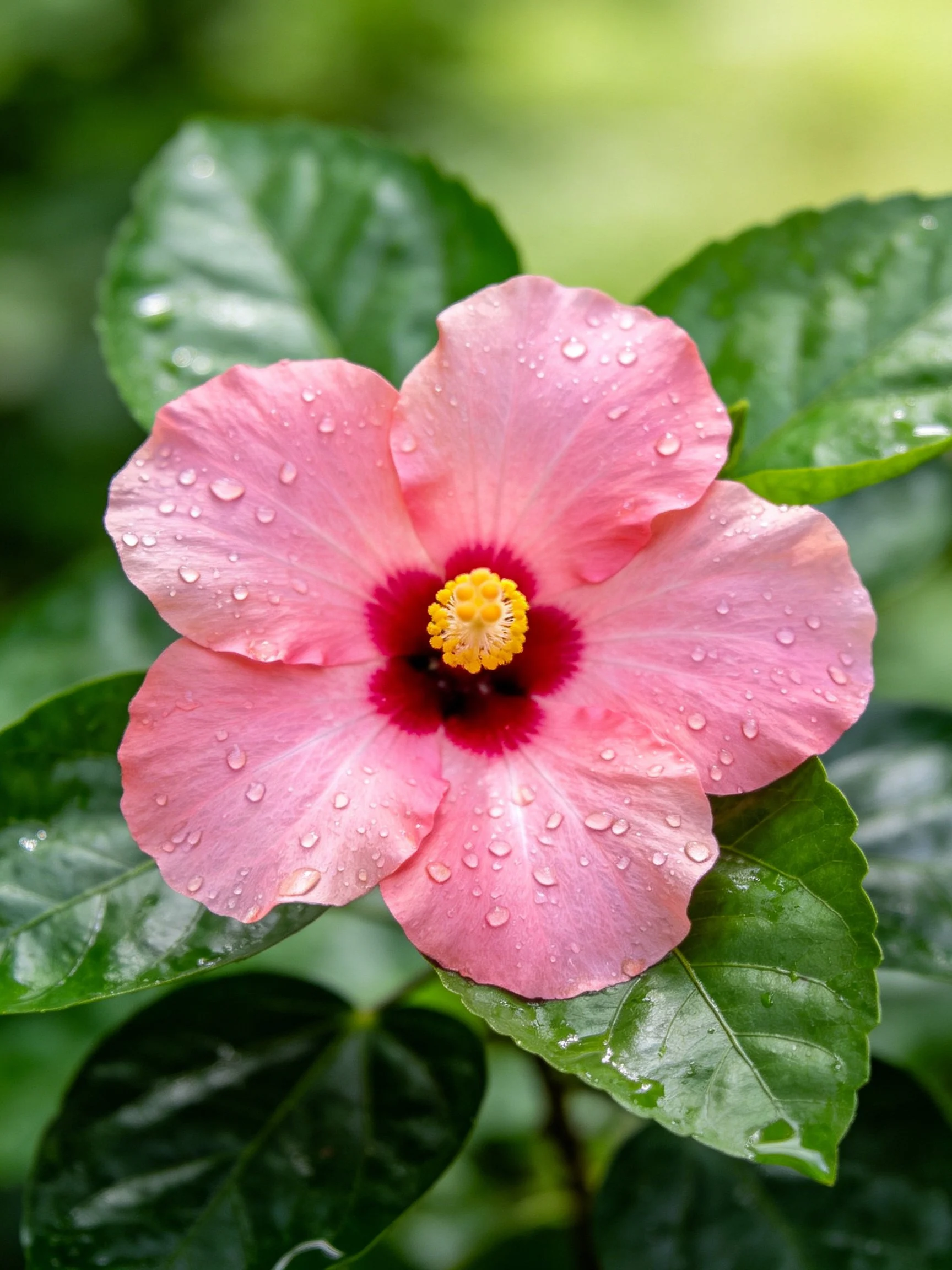 A pink hibiscus flower with water droplets and green leaves
