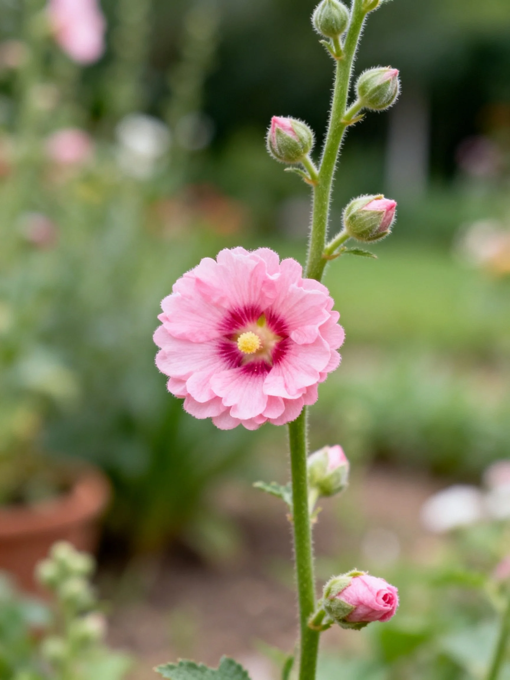 A pink hollyhock flower with green stems and buds