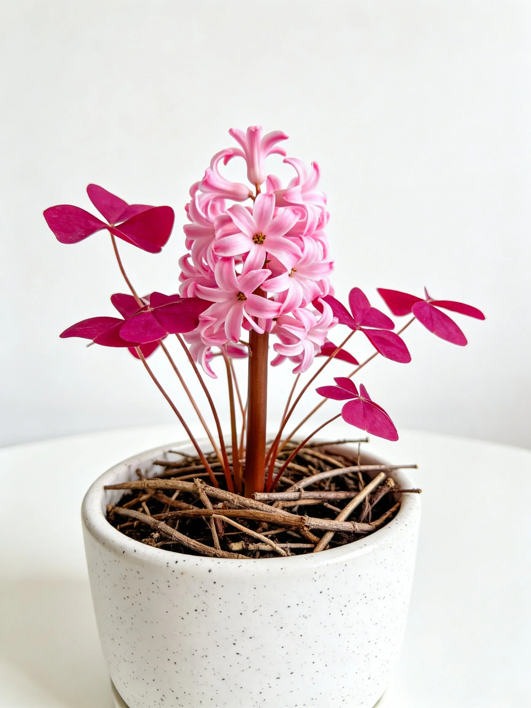 A pink hyacinth with magenta clover leaves in a speckled white pot