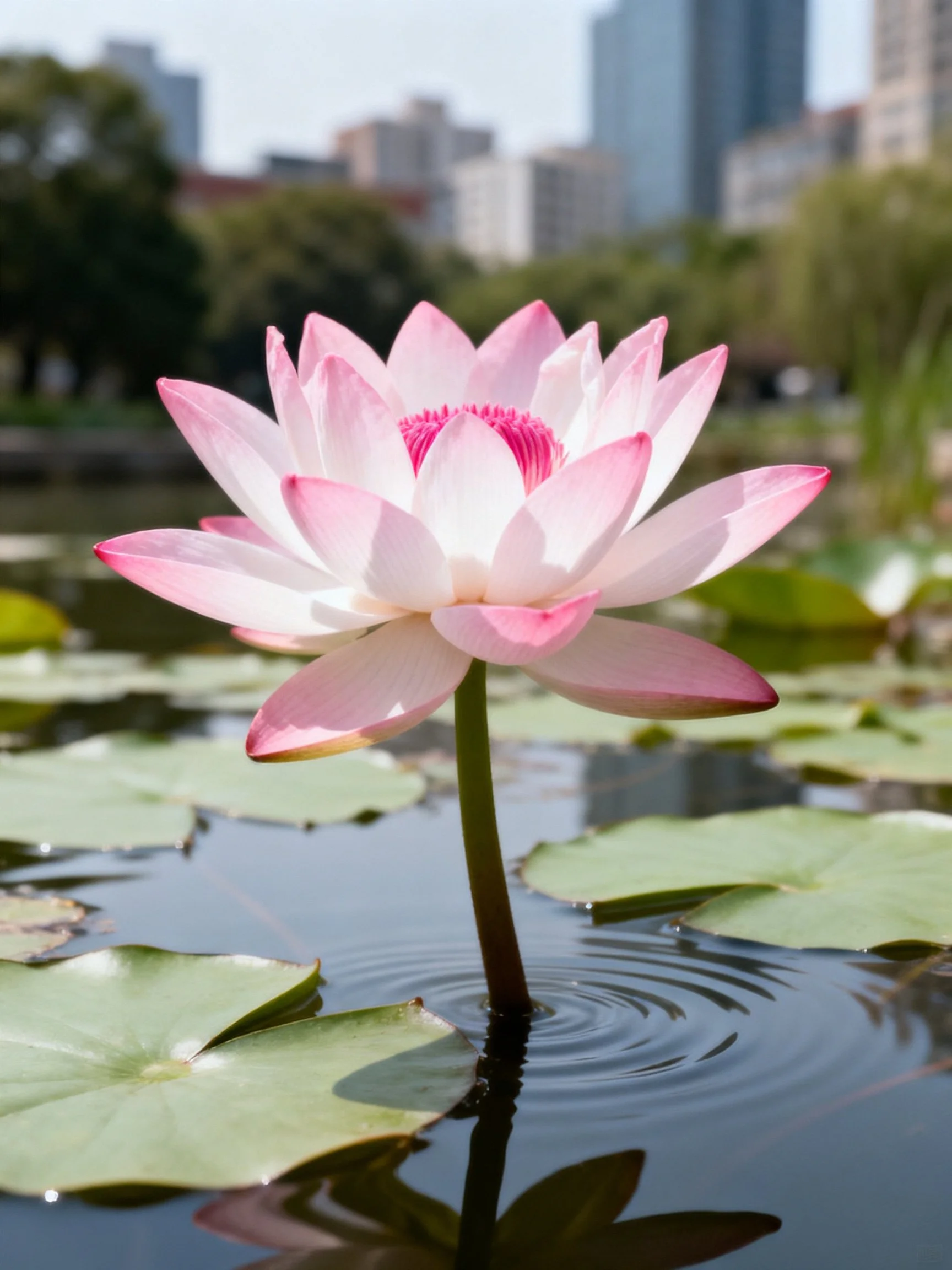 A pink lotus blooms among green lily pads near urban buildings