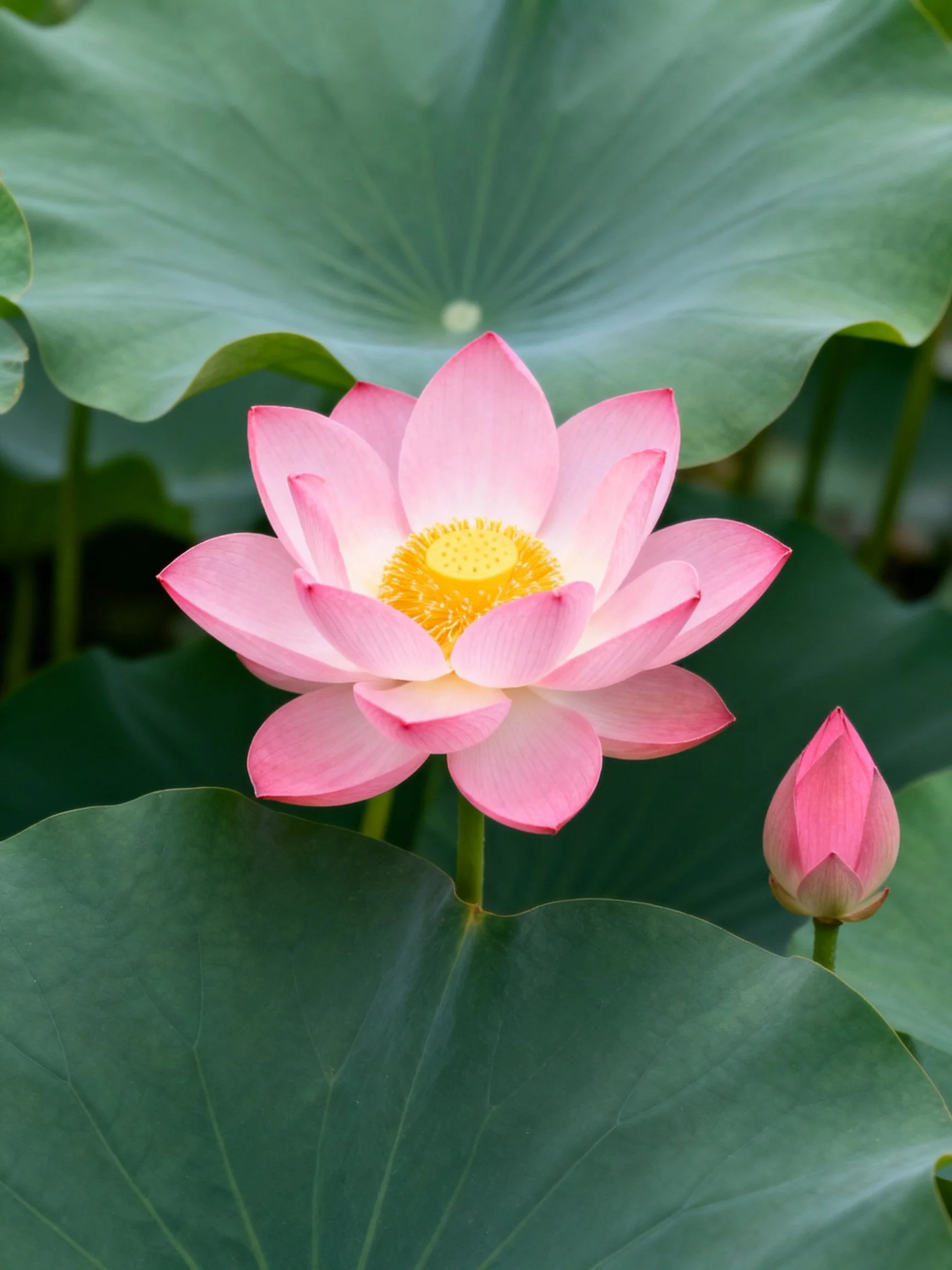 A pink lotus blooms beside a closed bud among large green leaves