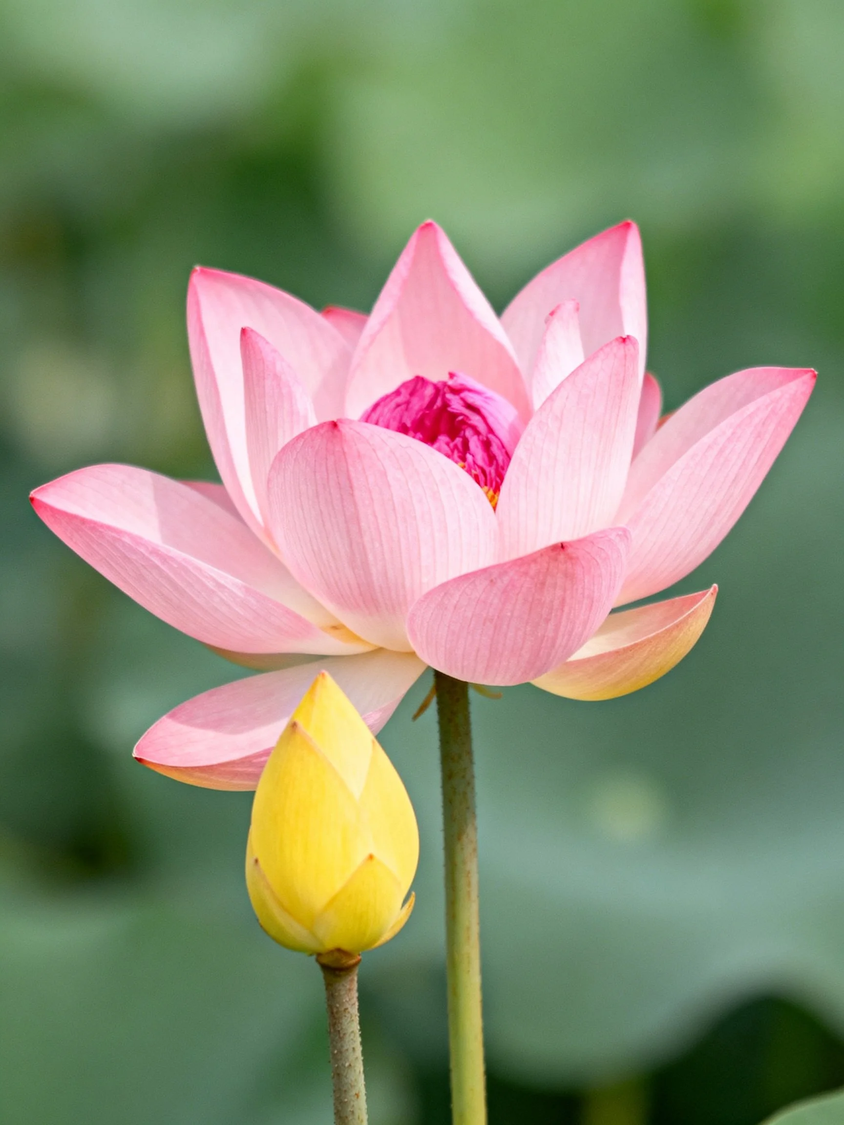 A pink lotus blooms beside a yellow bud amid green foliage
