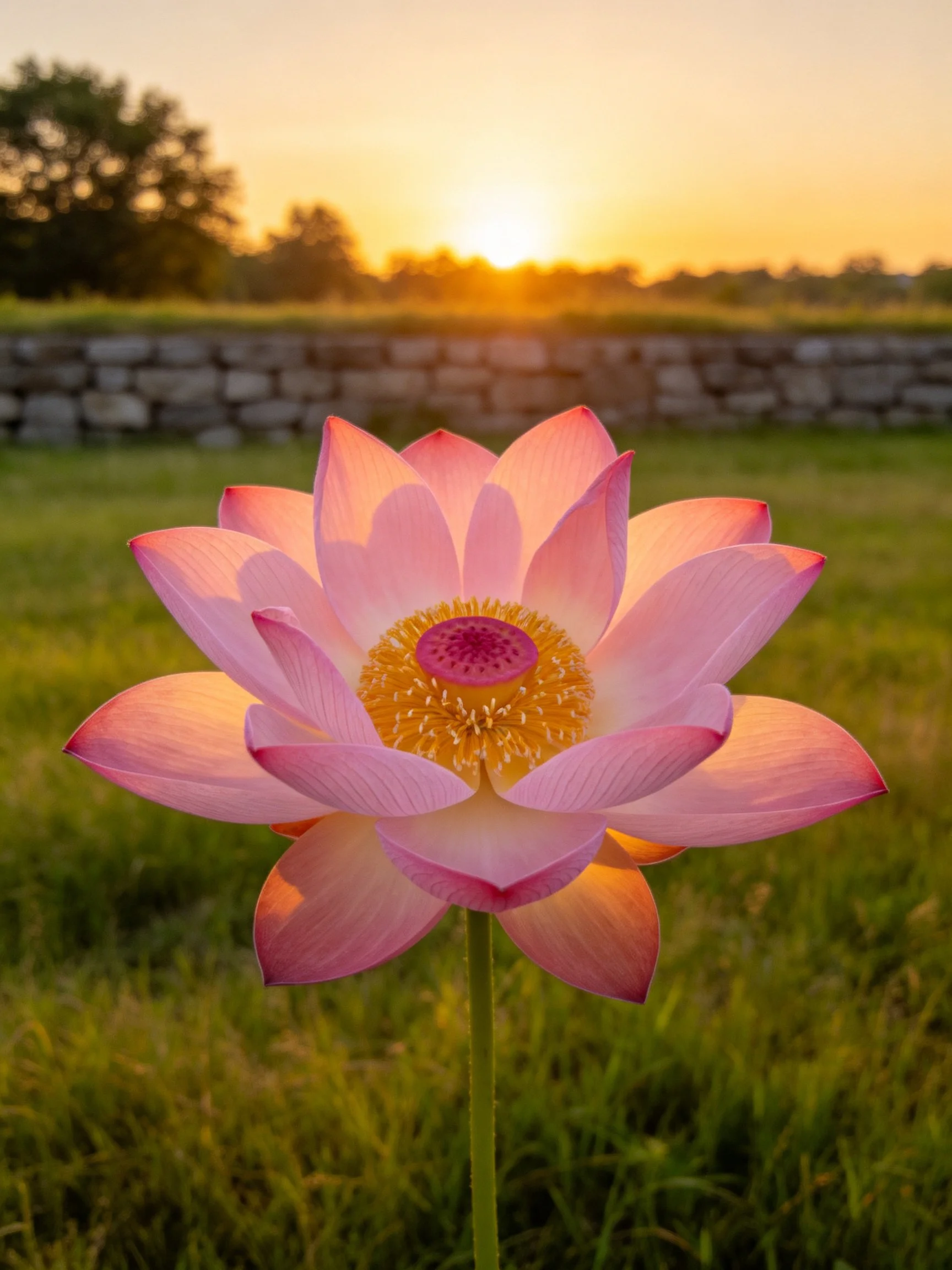 A pink lotus blooms under golden sunset near a stone wall